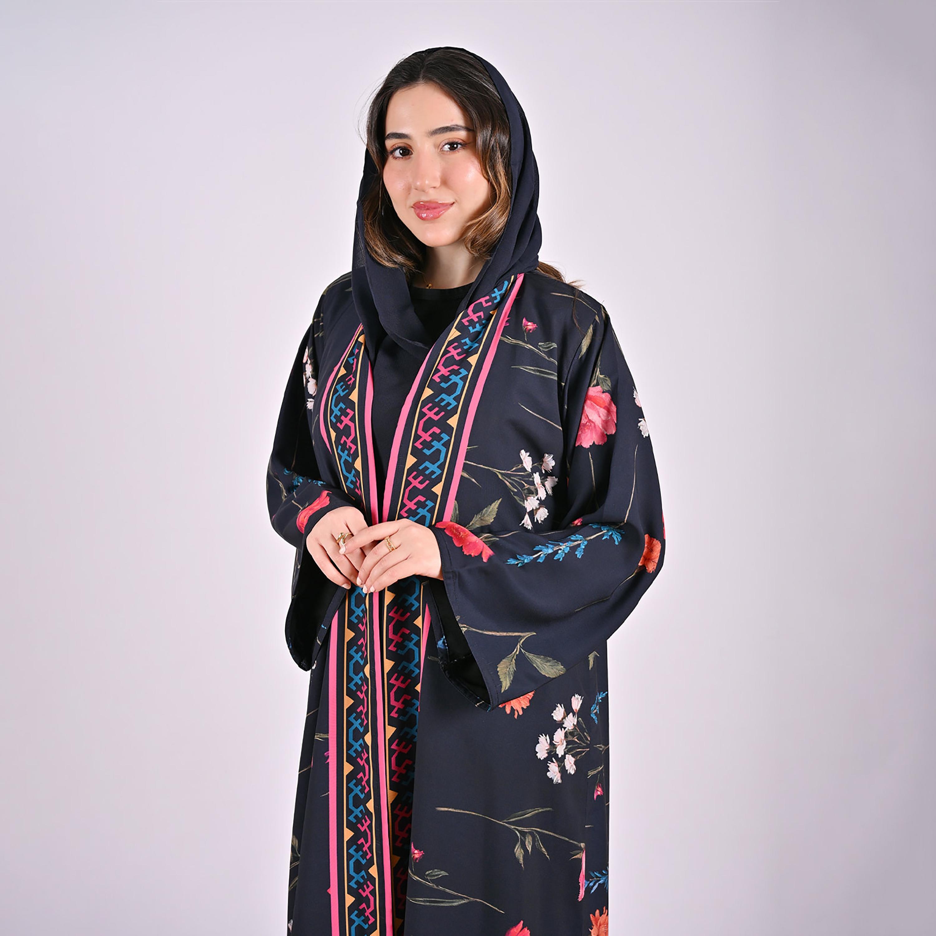 عباءة كتان كحلي بأكمام واسعة وطبعة زهور مع حجاب للنساء من حوراء-women-arabicclothing-abayas-image-4