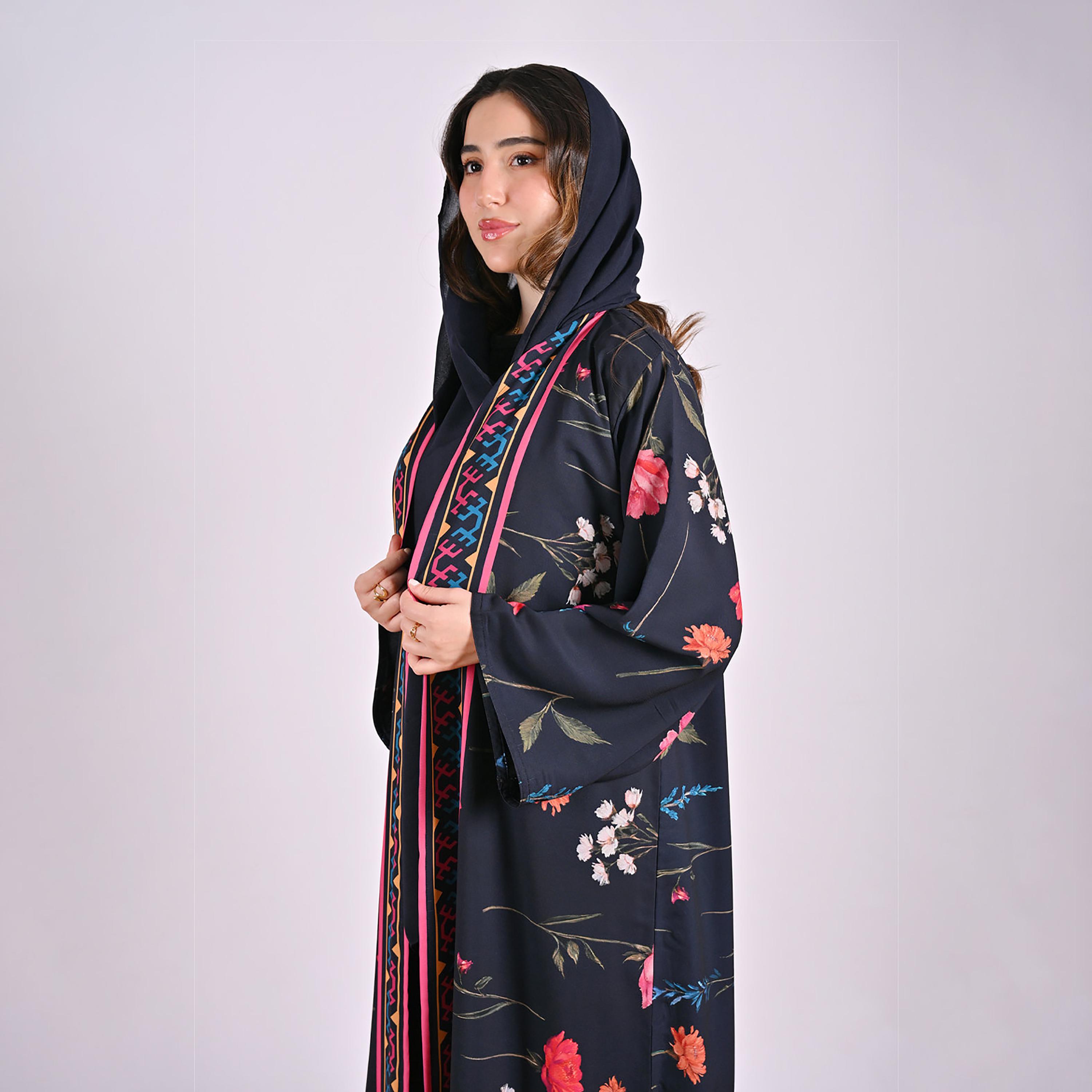عباءة كتان كحلي بأكمام واسعة وطبعة زهور مع حجاب للنساء من حوراء-women-arabicclothing-abayas-image-7