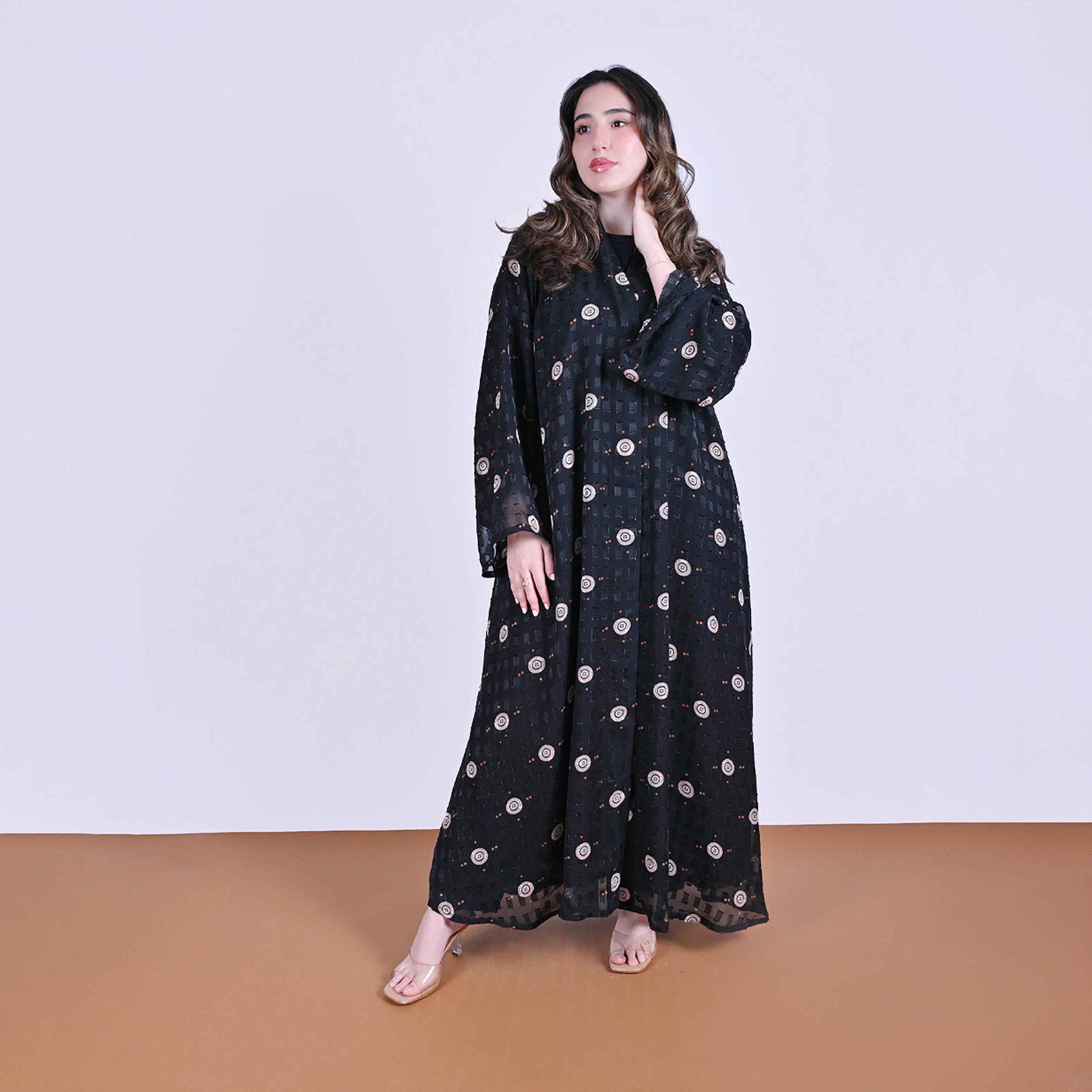 Hawraa Black Circular Embroidered Wide Sleeves Chiffon Women's Abaya-women-arabicclothing-abayas-image-1