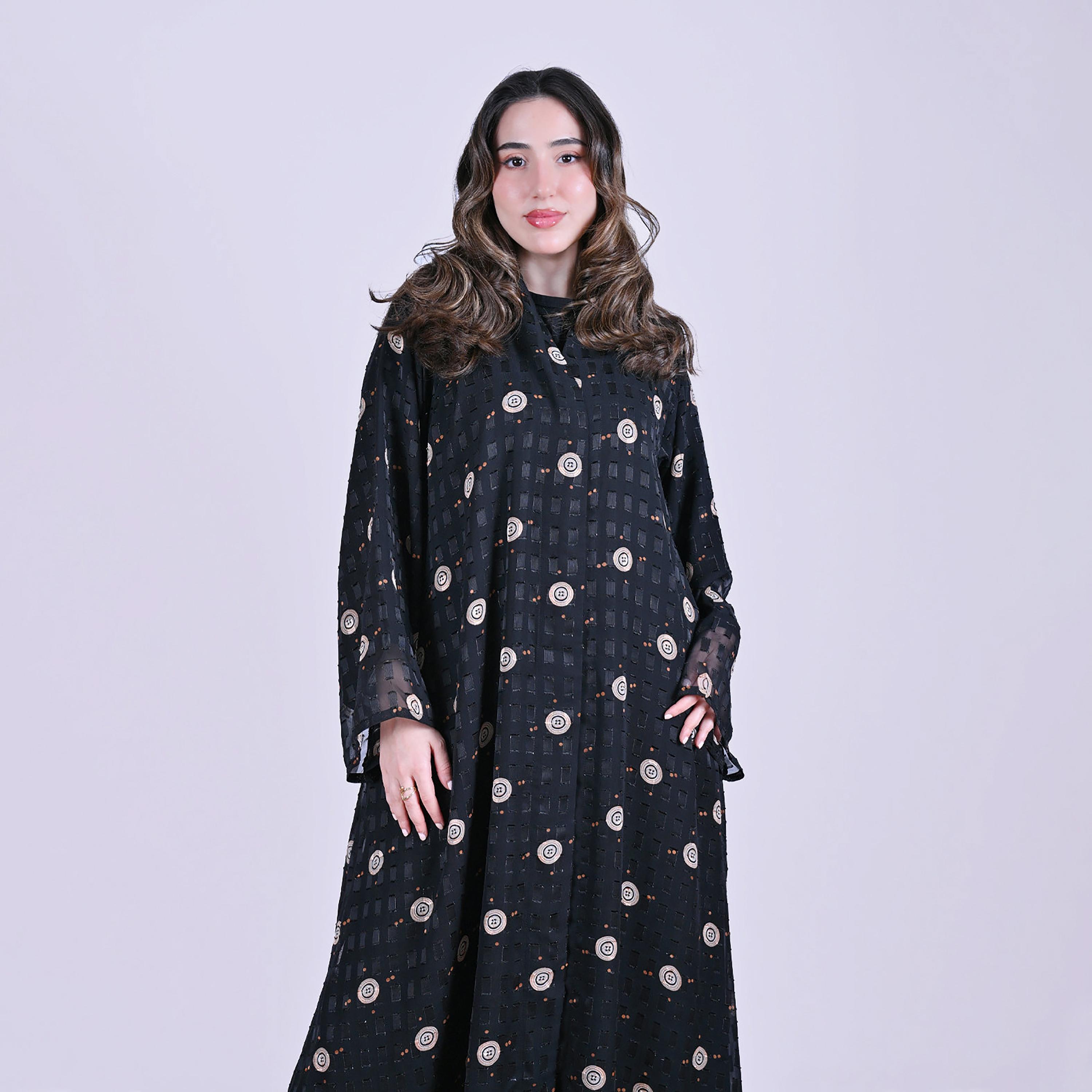 Hawraa Black Circular Embroidered Wide Sleeves Chiffon Women's Abaya-women-arabicclothing-abayas-image-2
