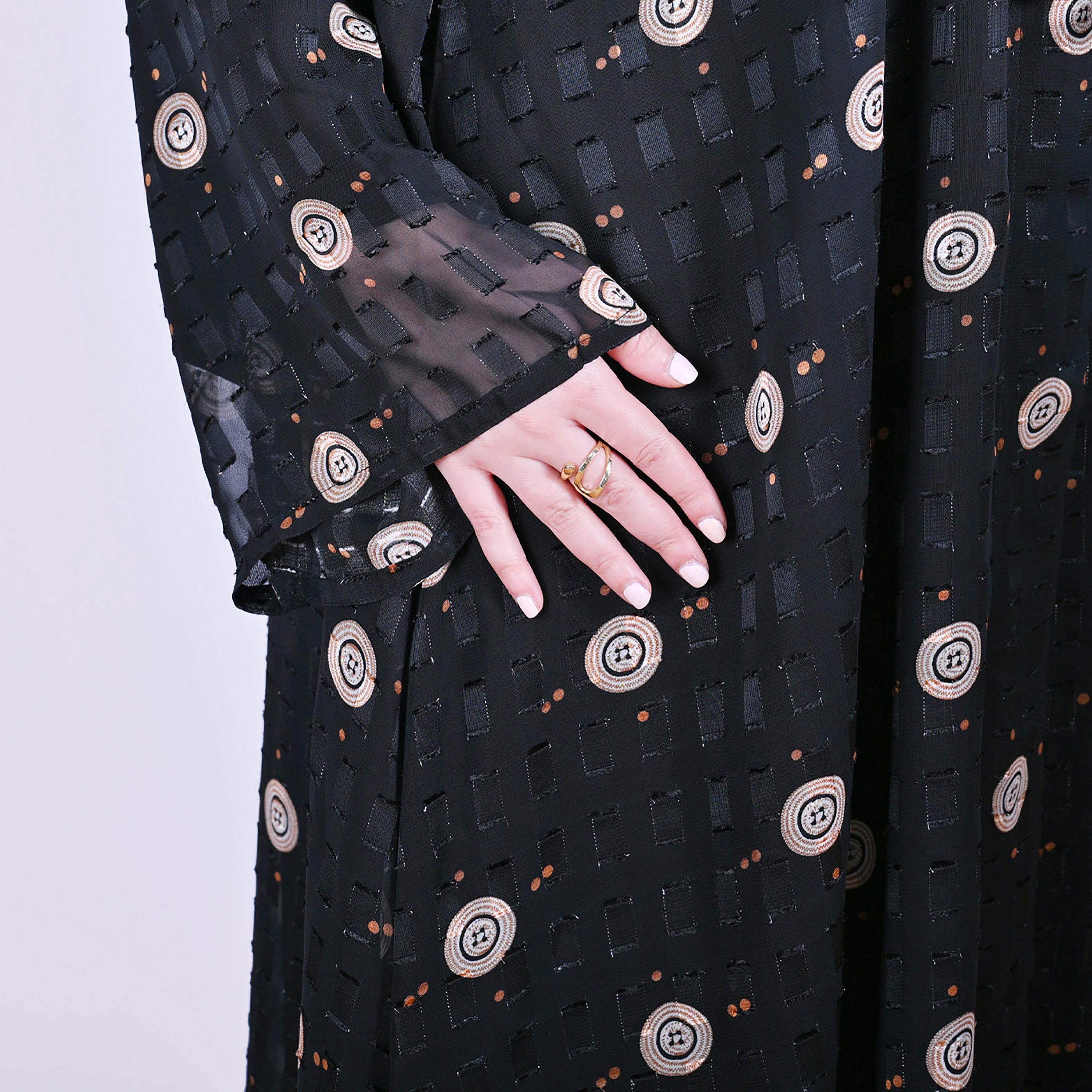 Hawraa Black Circular Embroidered Wide Sleeves Chiffon Women's Abaya-women-arabicclothing-abayas-image-3