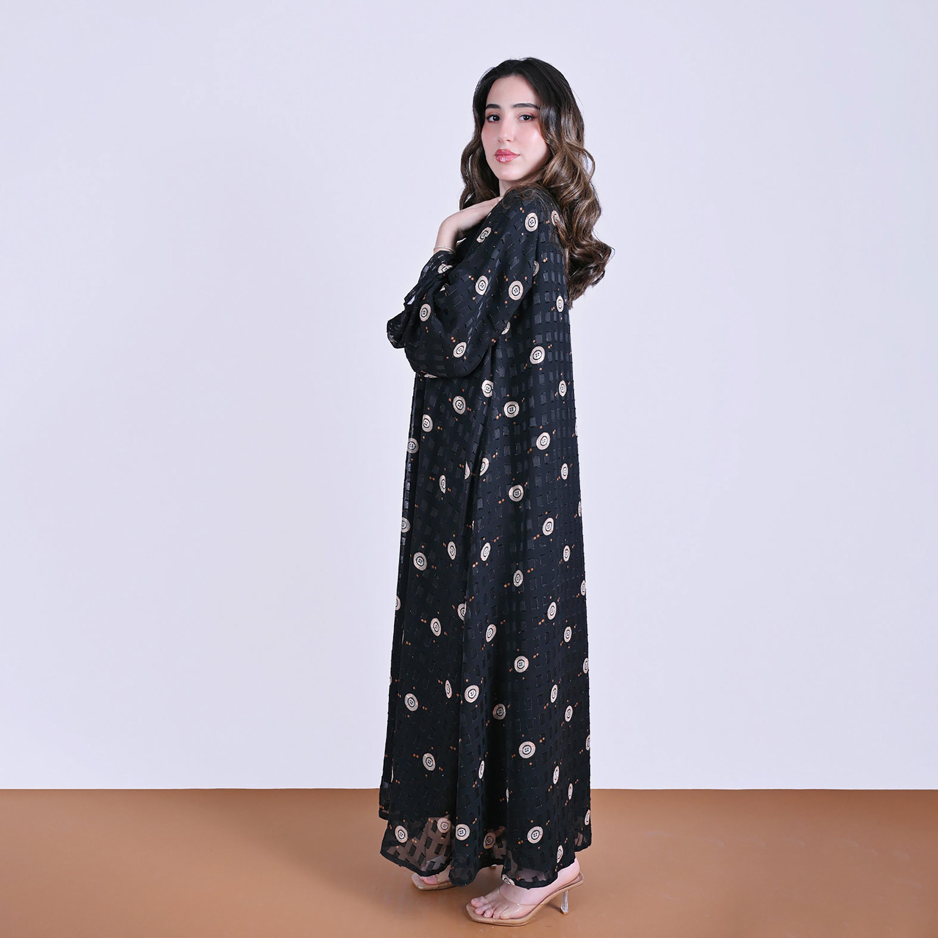 Hawraa Black Circular Embroidered Wide Sleeves Chiffon Women's Abaya-women-arabicclothing-abayas-image-6
