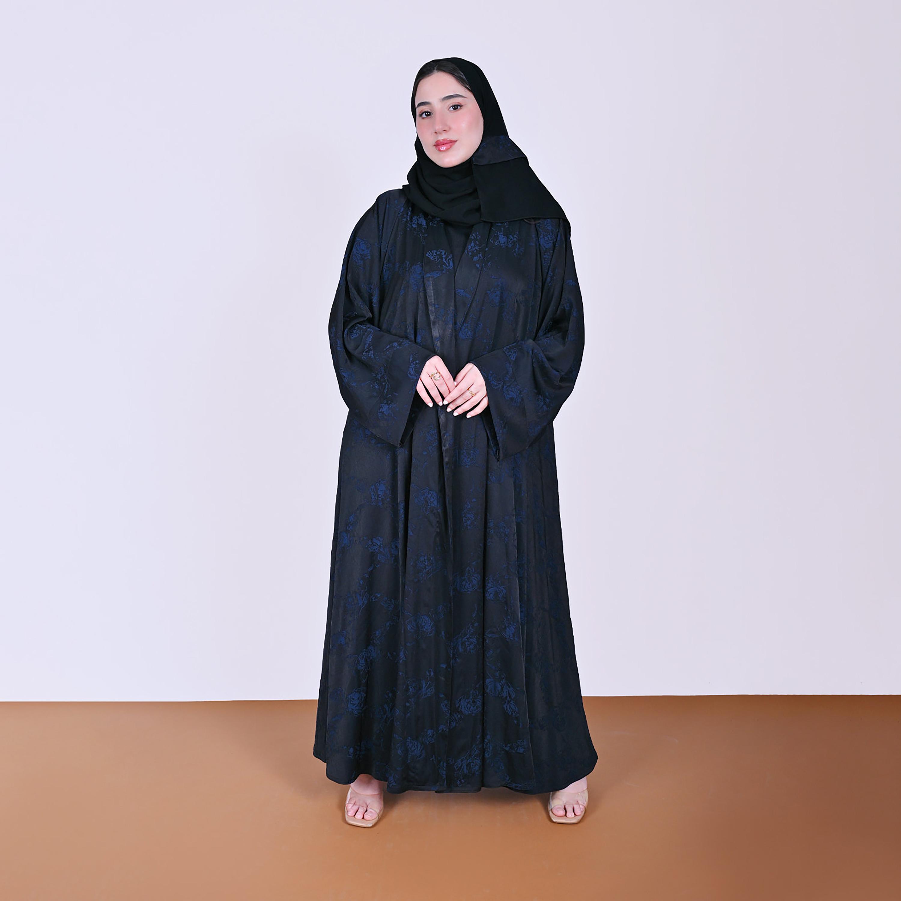 Hawraa Floral Patterned Wide Sleeves Linen Women's Flared Style Abaya with Hijab-women-arabicclothing-abayas-image-1