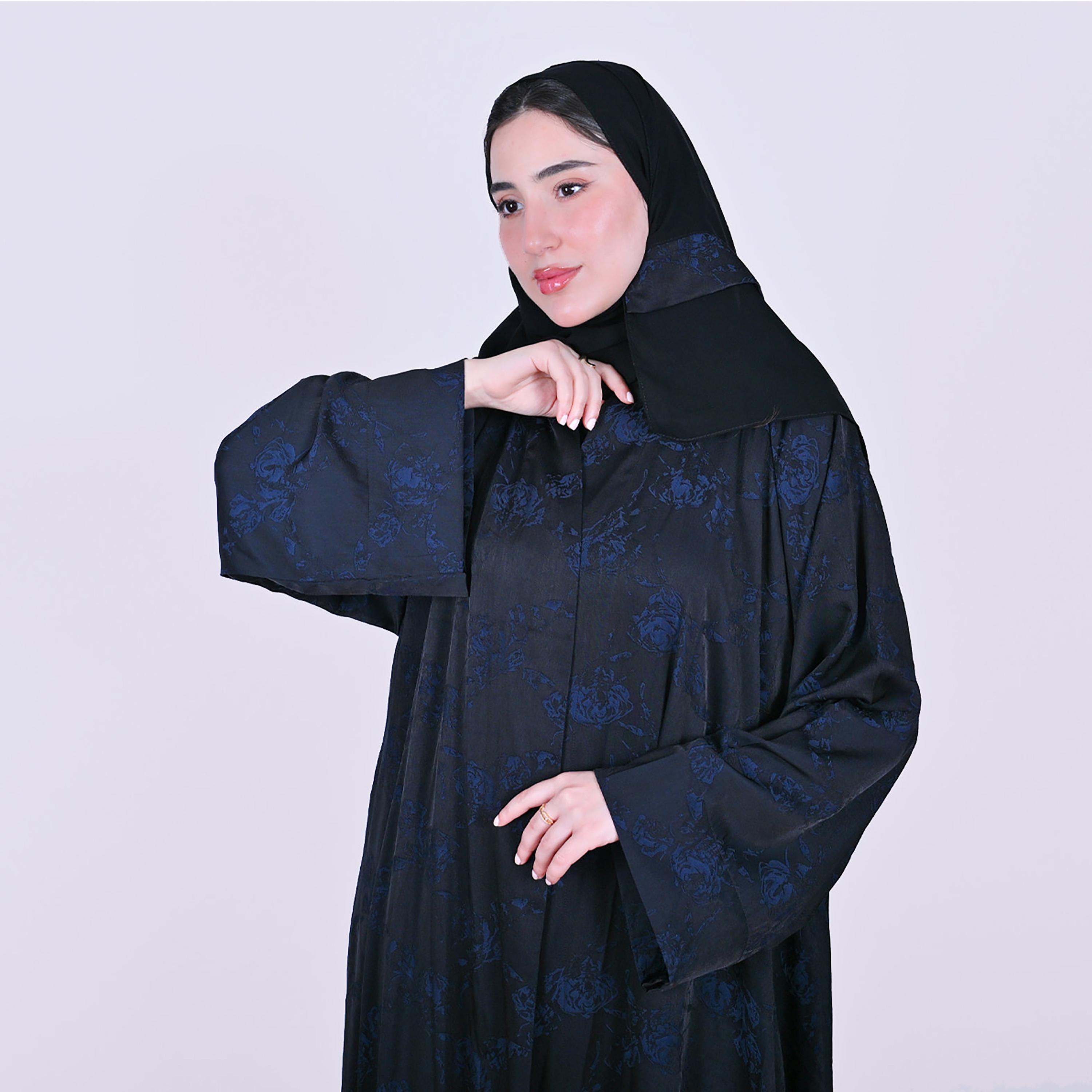 Hawraa Floral Patterned Wide Sleeves Linen Women's Flared Style Abaya with Hijab-women-arabicclothing-abayas-image-2