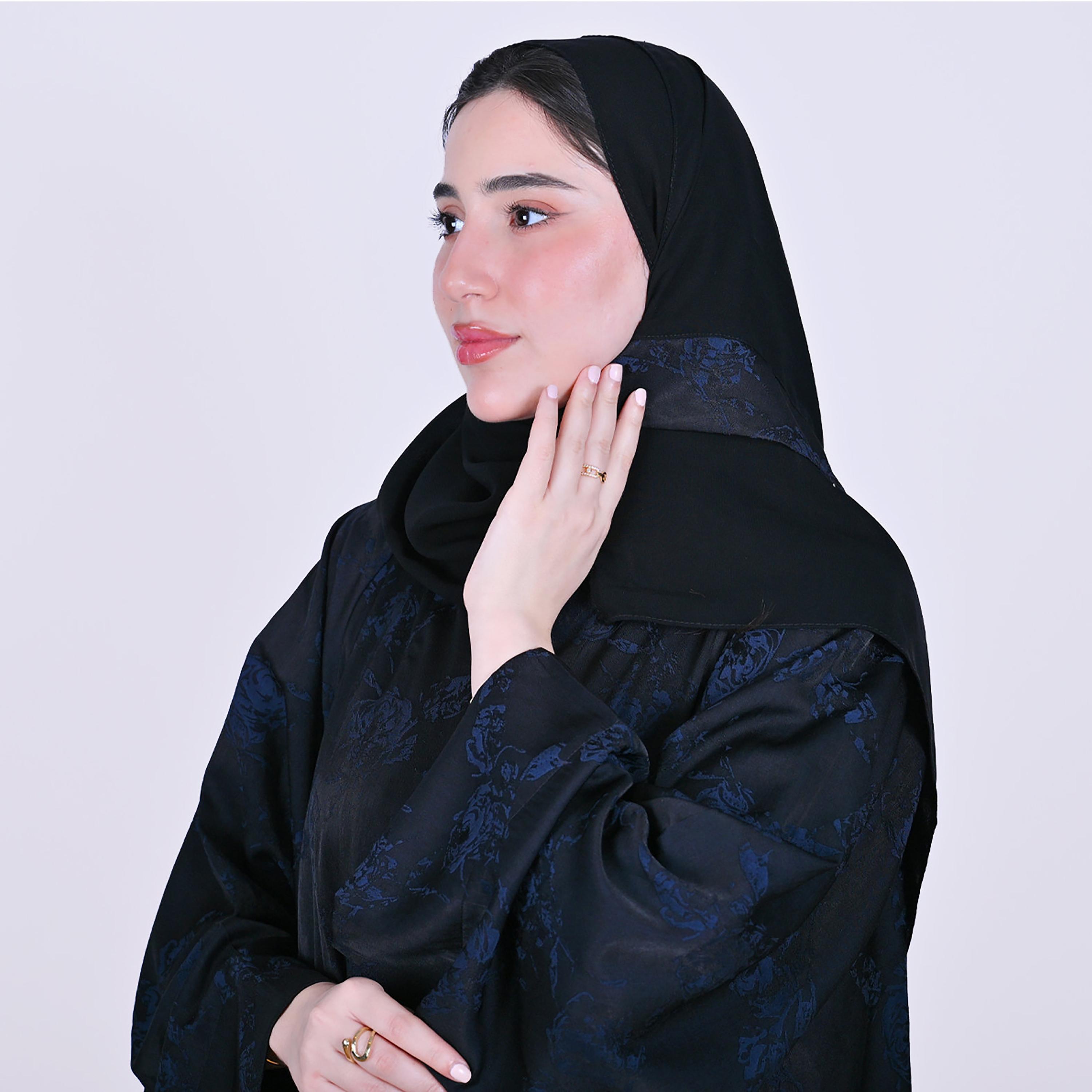 Hawraa Floral Patterned Wide Sleeves Linen Women's Flared Style Abaya with Hijab-women-arabicclothing-abayas-image-3