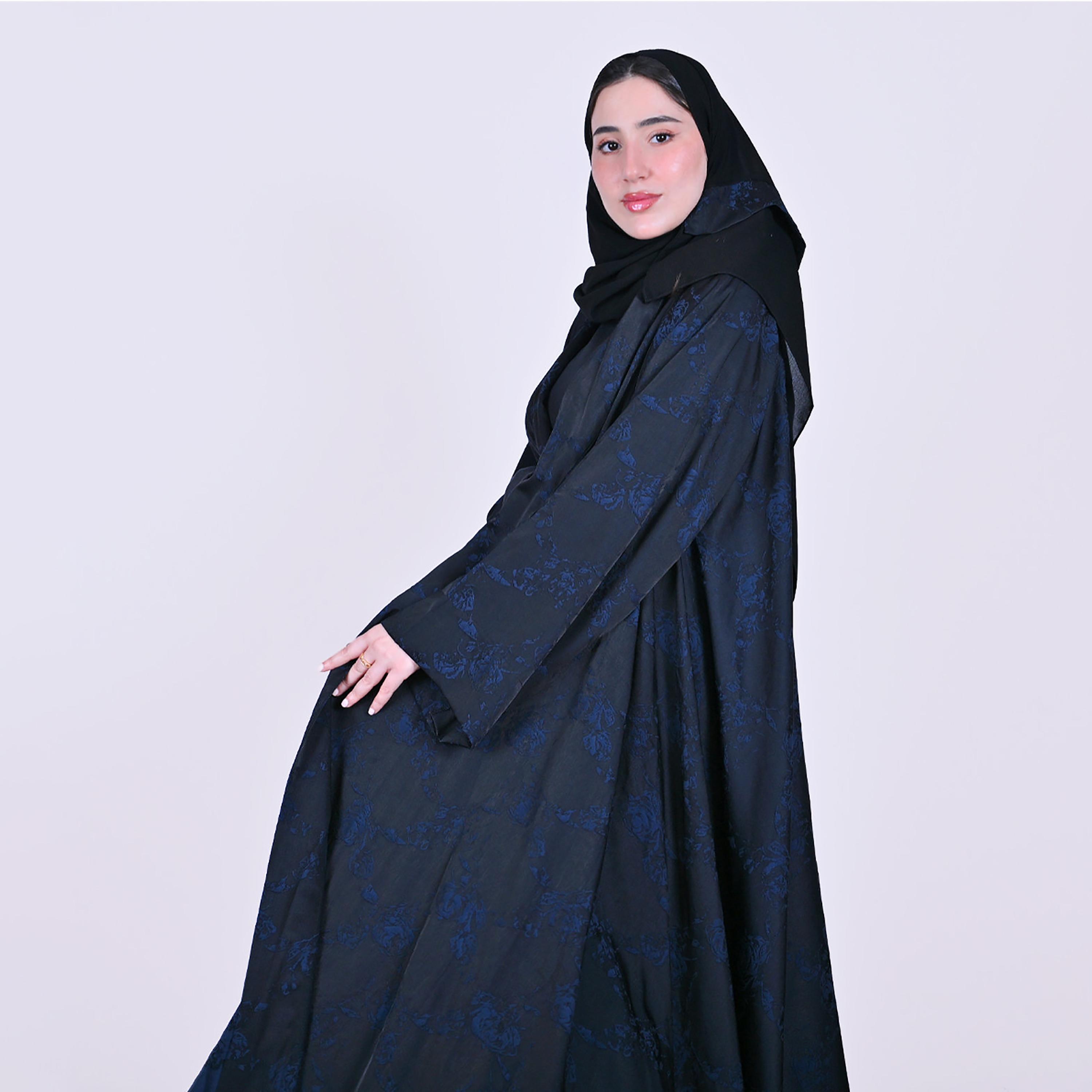 Hawraa Floral Patterned Wide Sleeves Linen Women's Flared Style Abaya with Hijab-women-arabicclothing-abayas-image-4