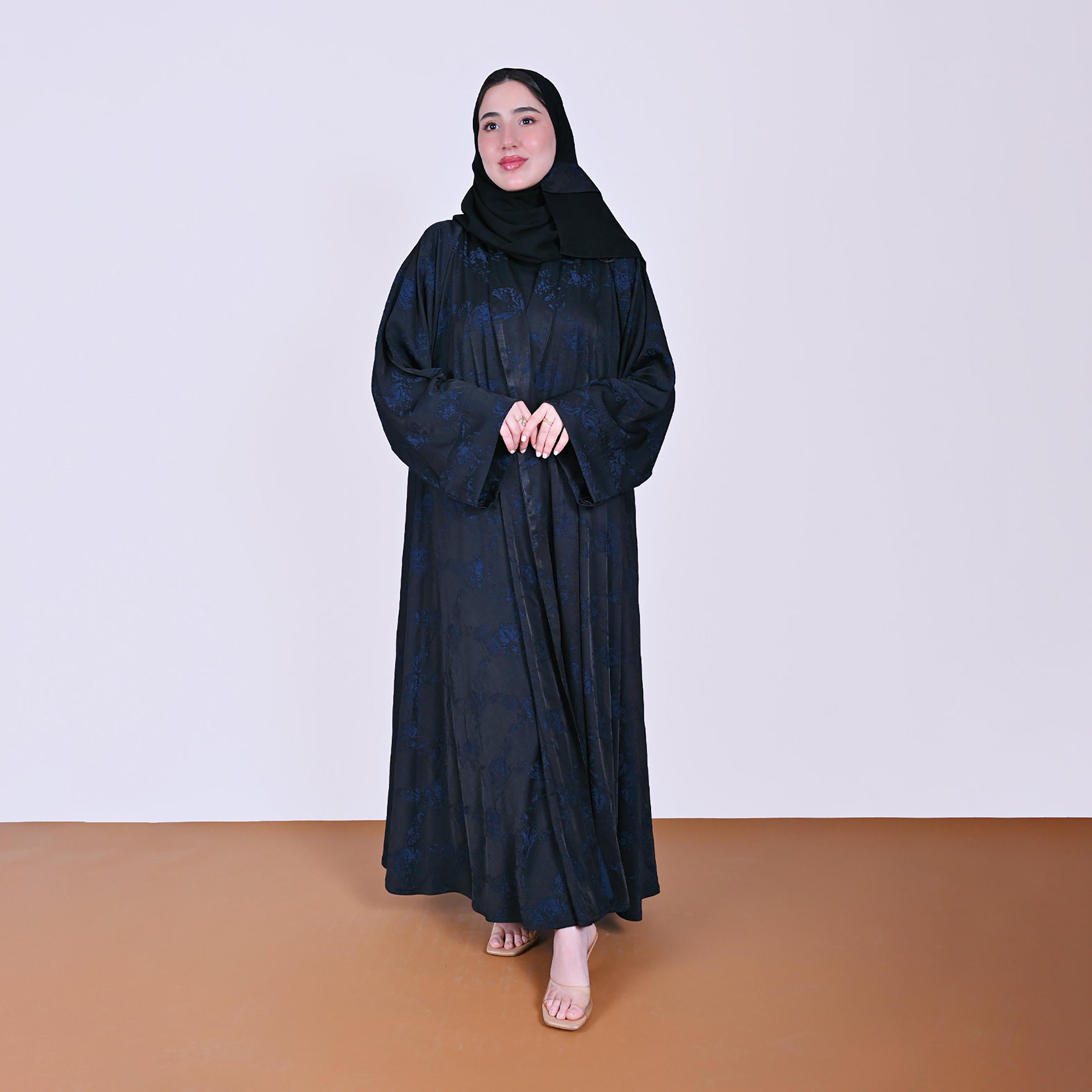 Hawraa Floral Patterned Wide Sleeves Linen Women's Flared Style Abaya with Hijab-women-arabicclothing-abayas-image-6