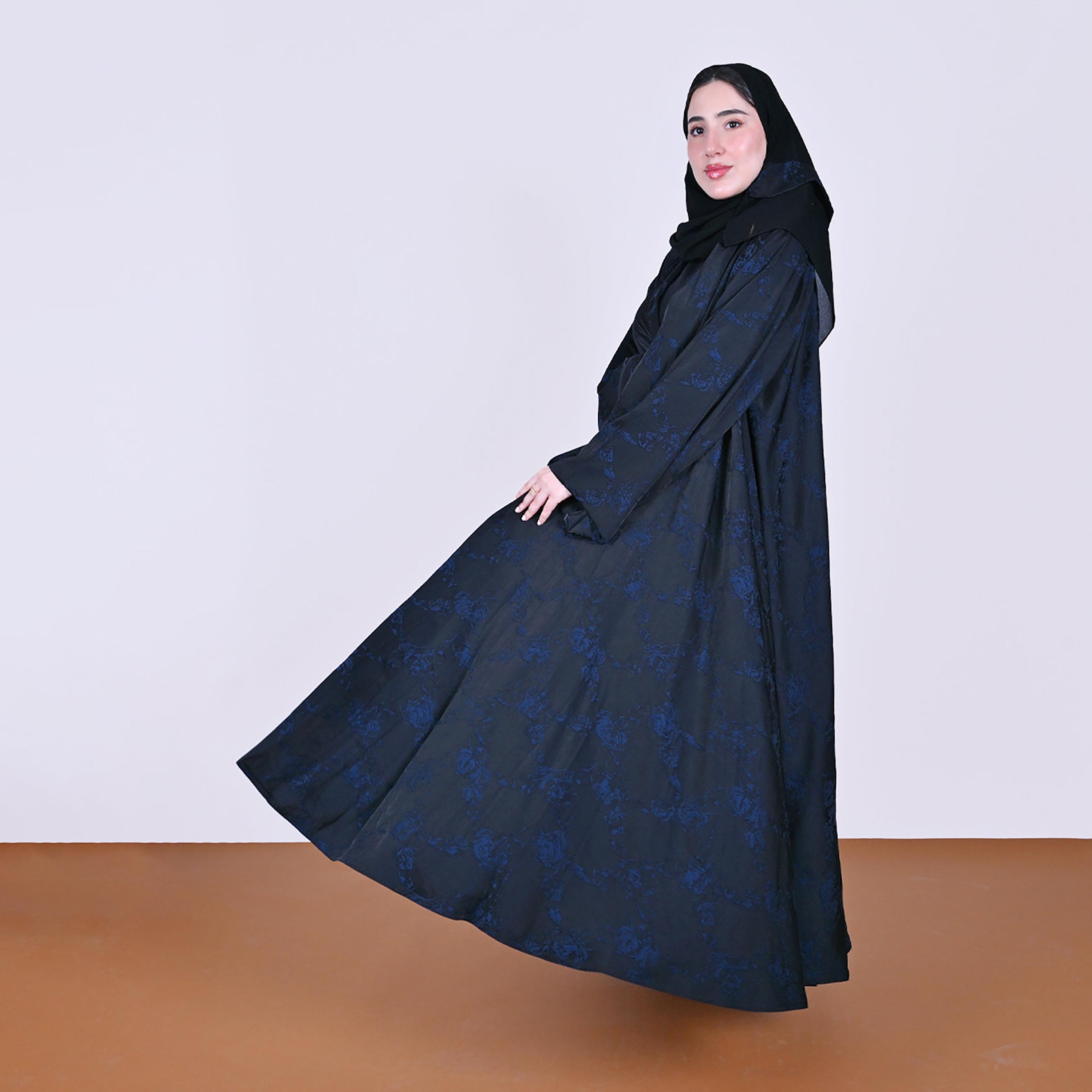 Hawraa Floral Patterned Wide Sleeves Linen Women's Flared Style Abaya with Hijab-women-arabicclothing-abayas-image-7