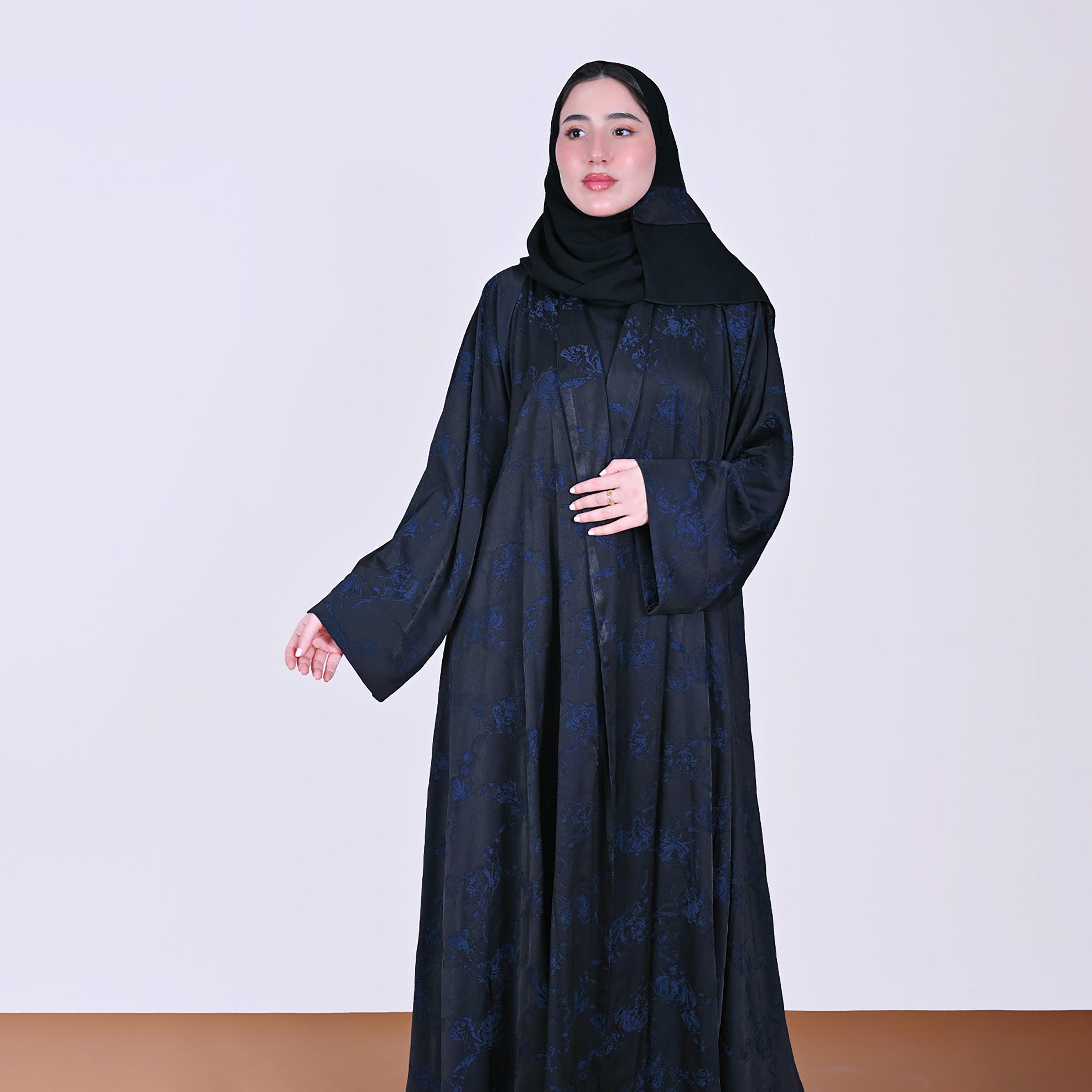 Hawraa Floral Patterned Wide Sleeves Linen Women's Flared Style Abaya with Hijab-women-arabicclothing-abayas-image-8