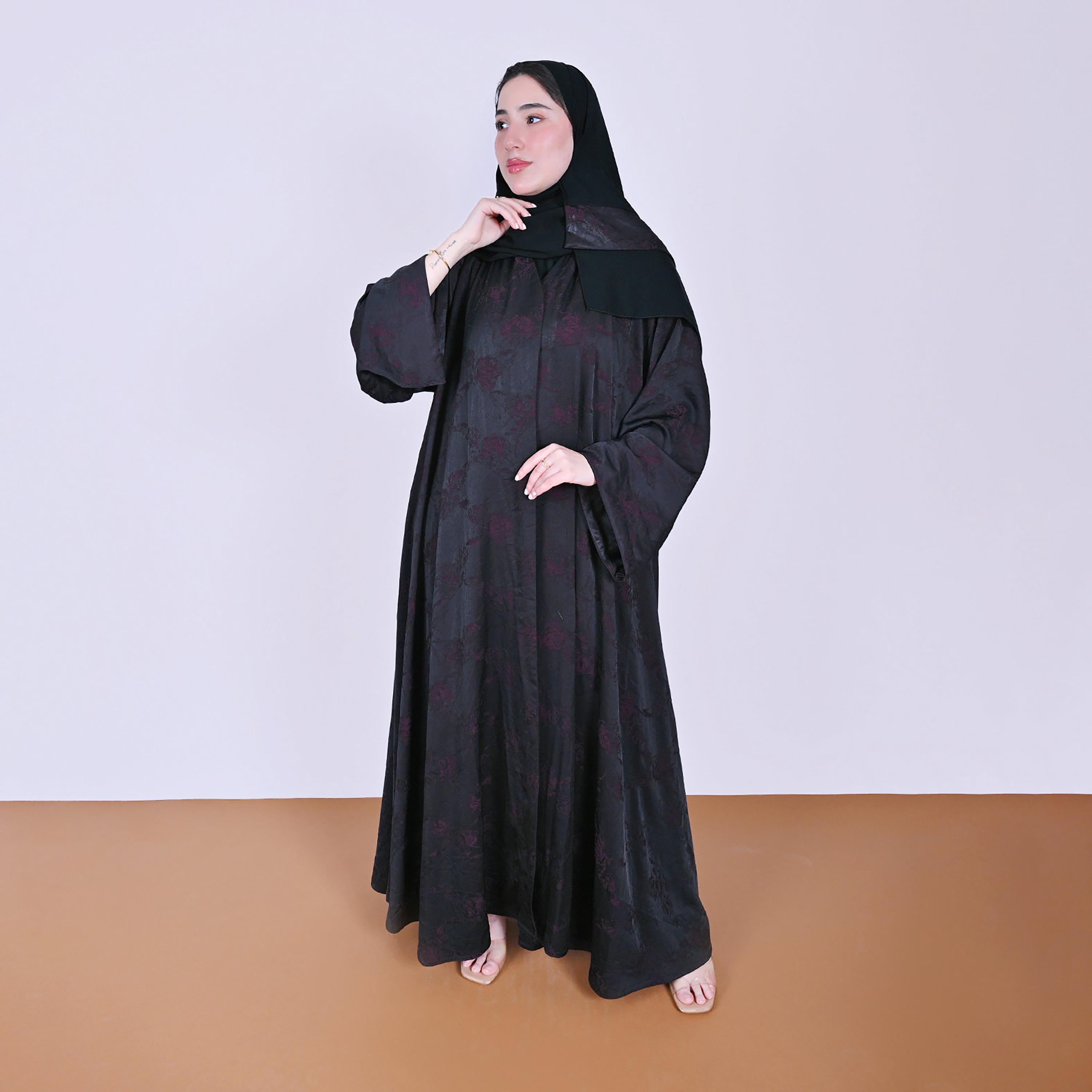 Hawraa Floral Patterned Wide Sleeves Linen Women's Flared Style Abaya with Hijab-women-arabicclothing-abayas-image-1
