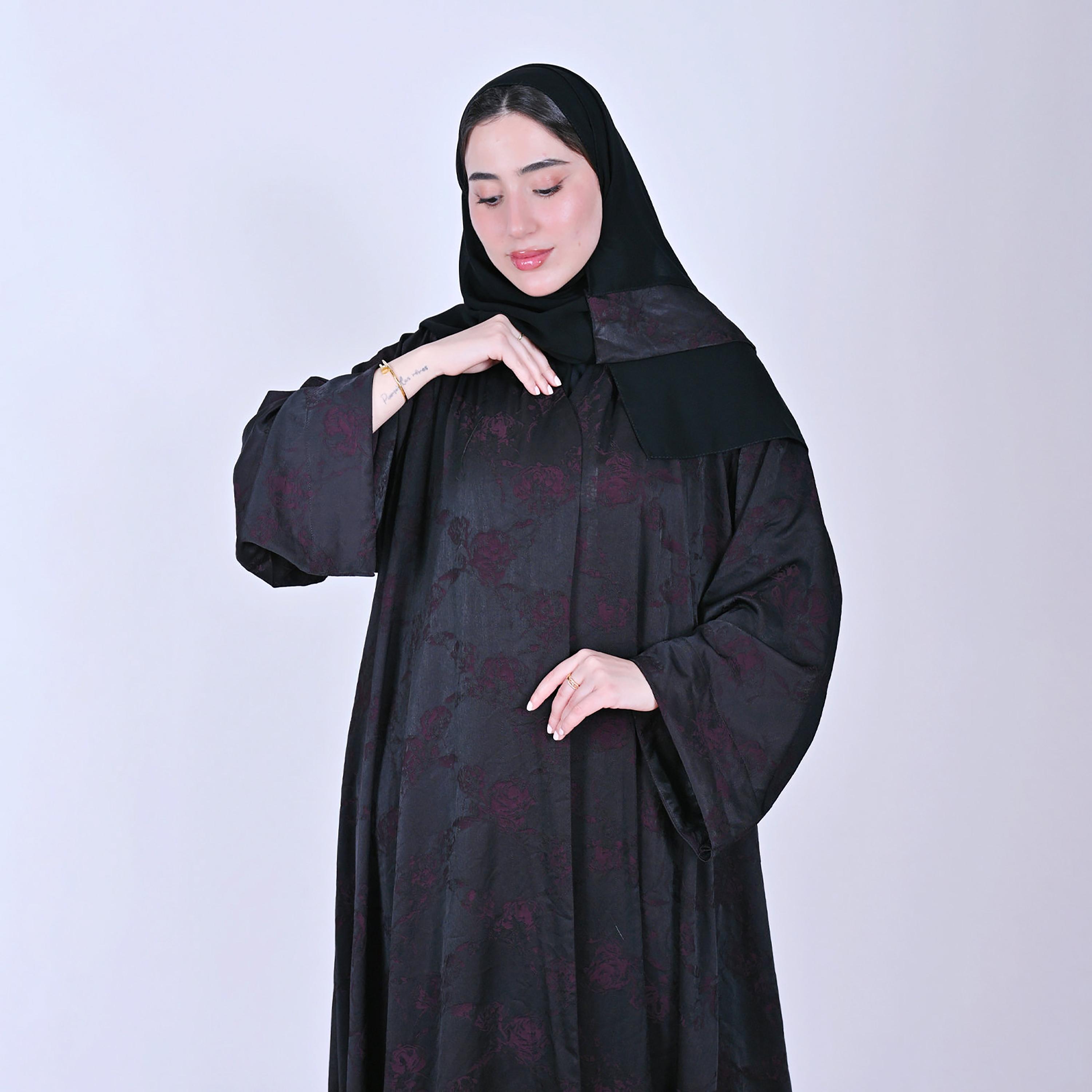 Hawraa Floral Patterned Wide Sleeves Linen Women's Flared Style Abaya with Hijab-women-arabicclothing-abayas-image-2