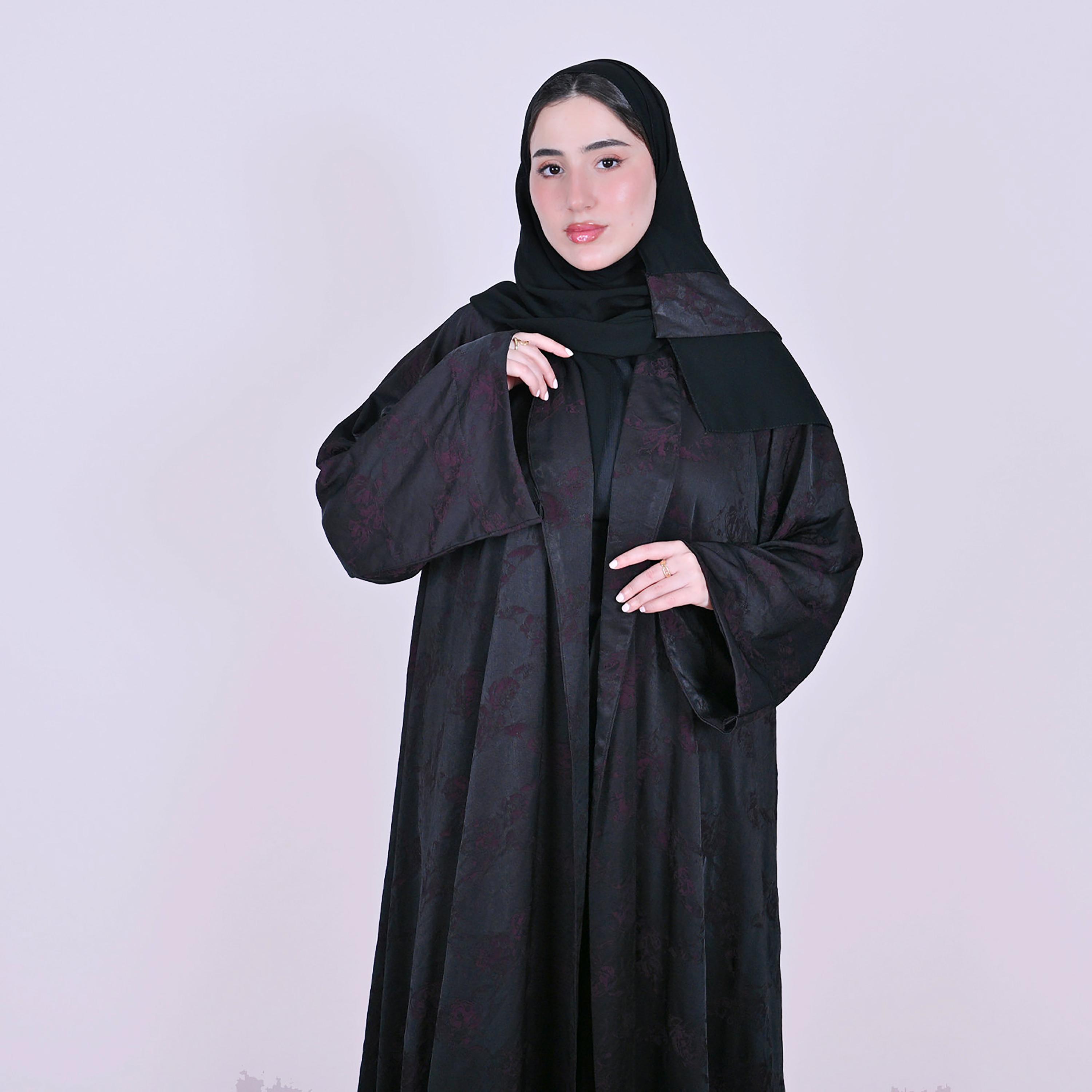 Hawraa Floral Patterned Wide Sleeves Linen Women's Flared Style Abaya with Hijab-women-arabicclothing-abayas-image-3