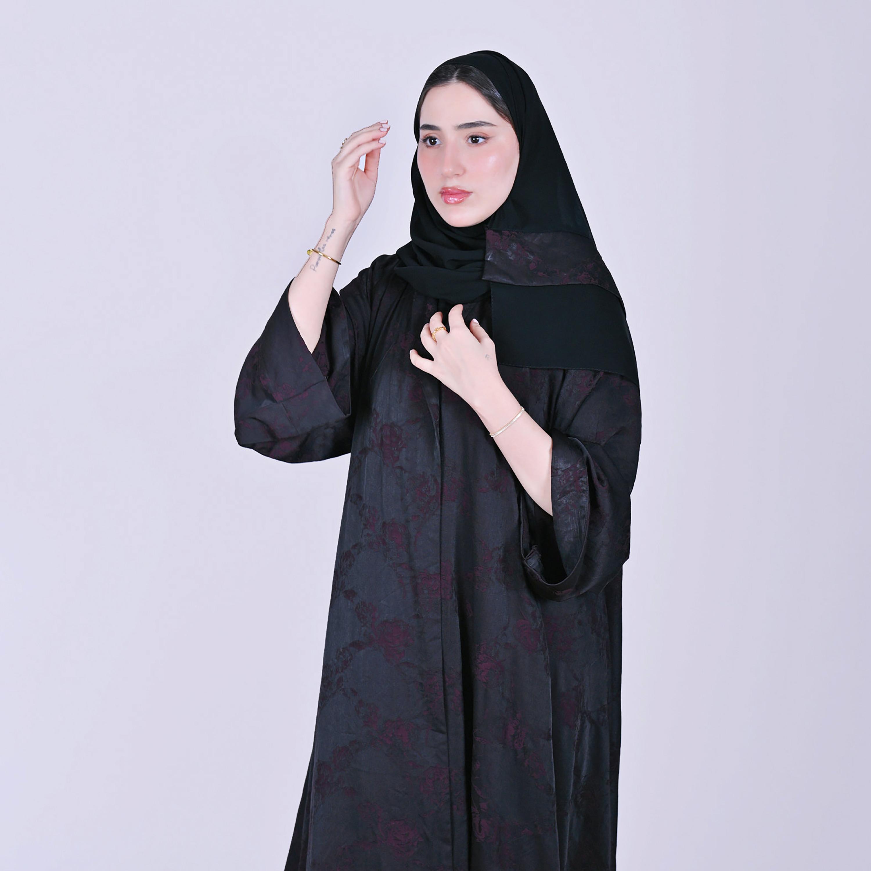 Hawraa Floral Patterned Wide Sleeves Linen Women's Flared Style Abaya with Hijab-women-arabicclothing-abayas-image-4