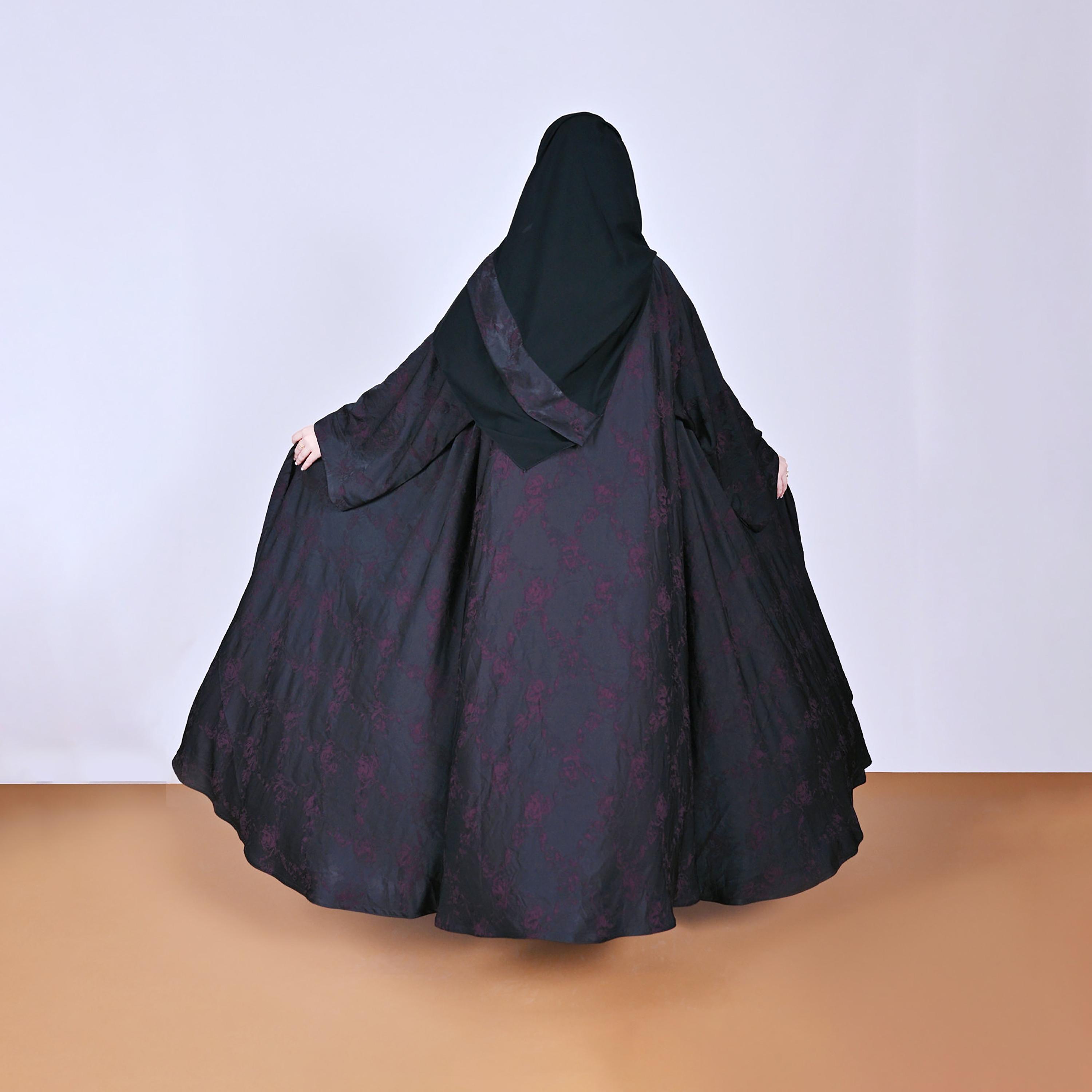 Hawraa Floral Patterned Wide Sleeves Linen Women's Flared Style Abaya with Hijab-women-arabicclothing-abayas-image-5