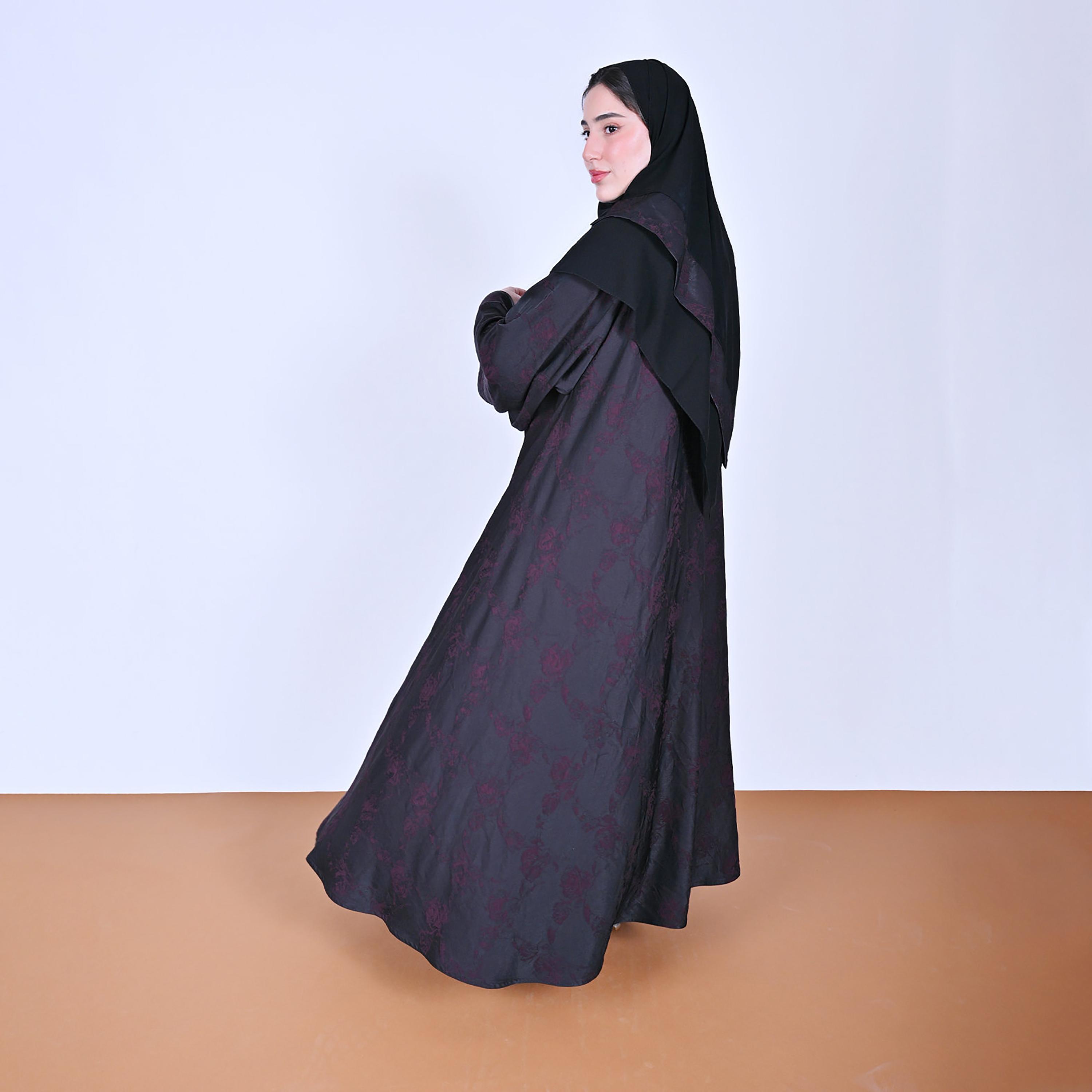 Hawraa Floral Patterned Wide Sleeves Linen Women's Flared Style Abaya with Hijab-women-arabicclothing-abayas-image-6