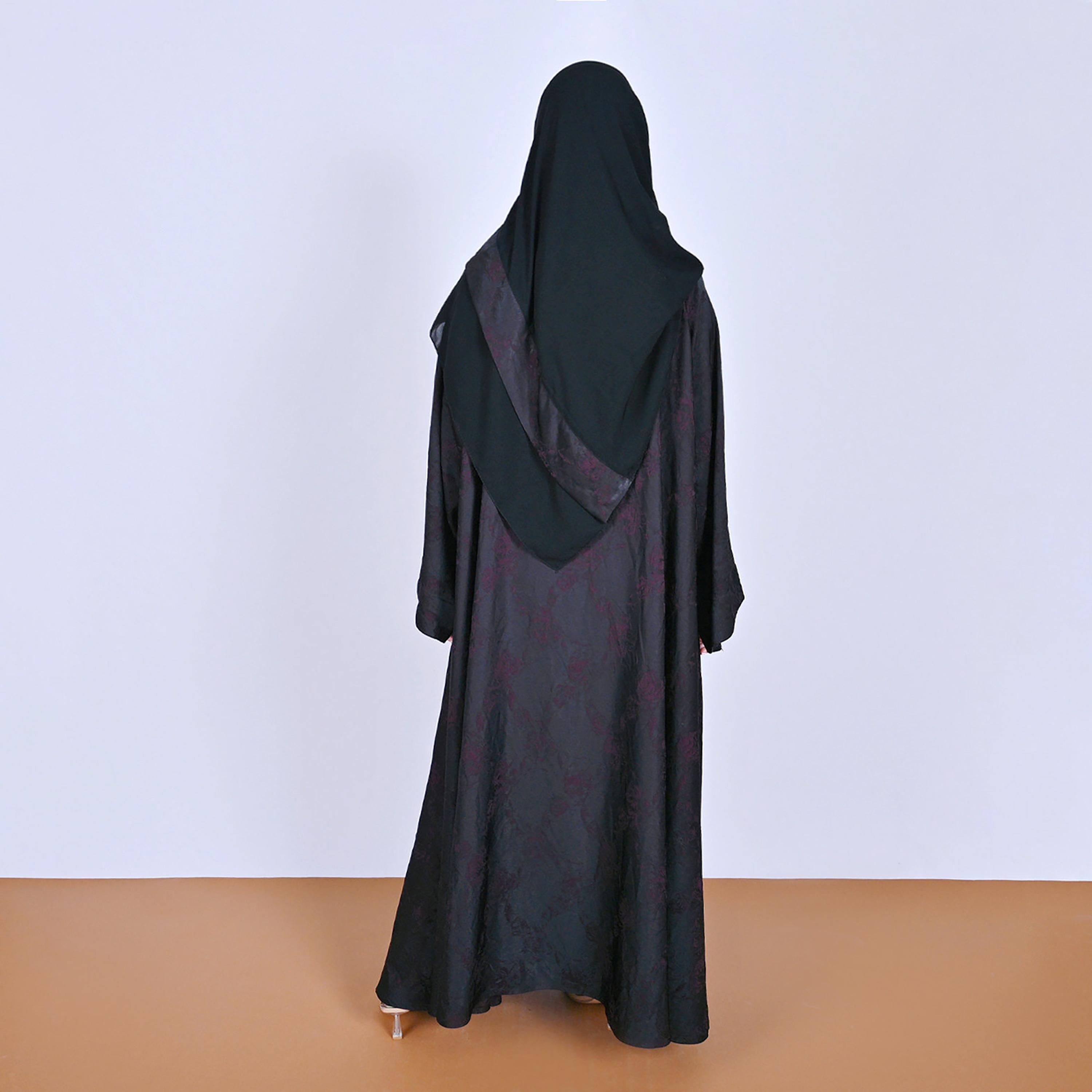 Hawraa Floral Patterned Wide Sleeves Linen Women's Flared Style Abaya with Hijab-women-arabicclothing-abayas-image-7