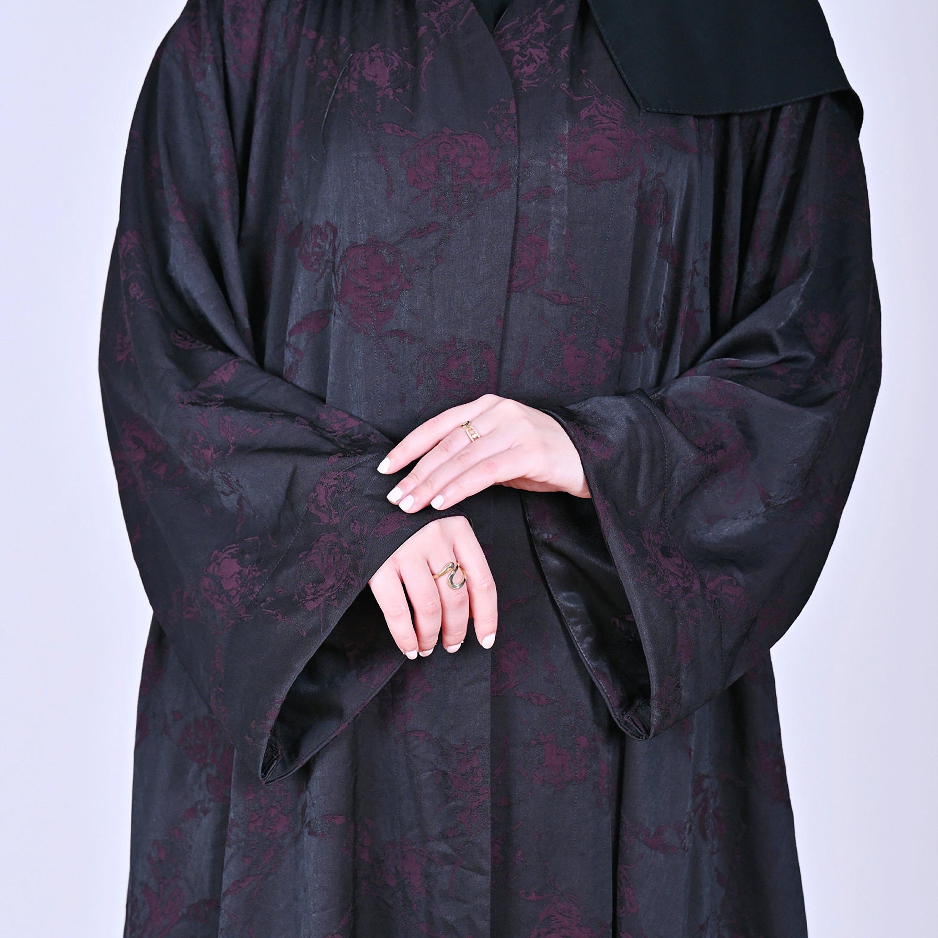 Hawraa Floral Patterned Wide Sleeves Linen Women's Flared Style Abaya with Hijab-women-arabicclothing-abayas-image-8