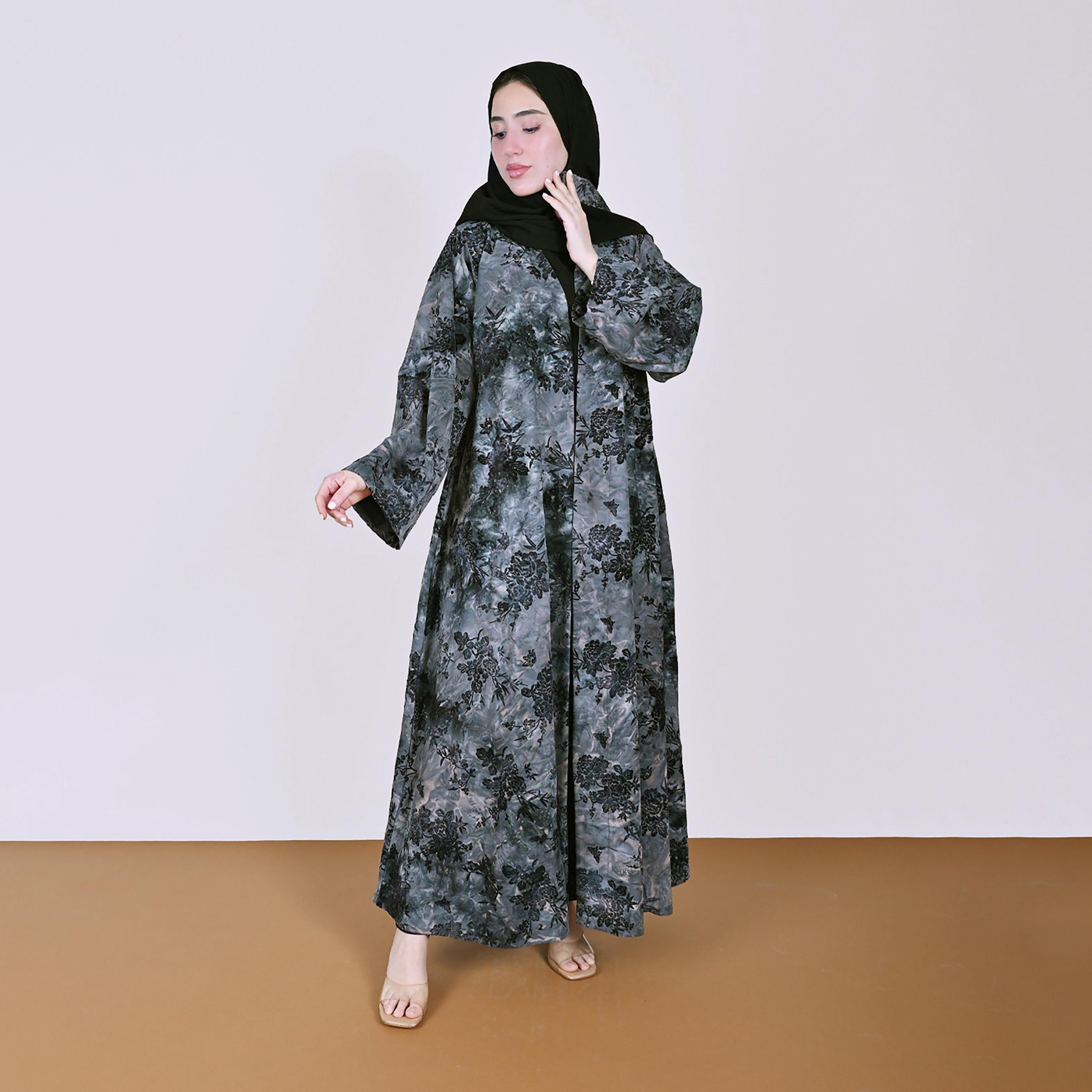 Hawraa Grey Floral Print Wide Sleeves Linen Women's Abaya with Hijab-women-arabicclothing-abayas-image-1