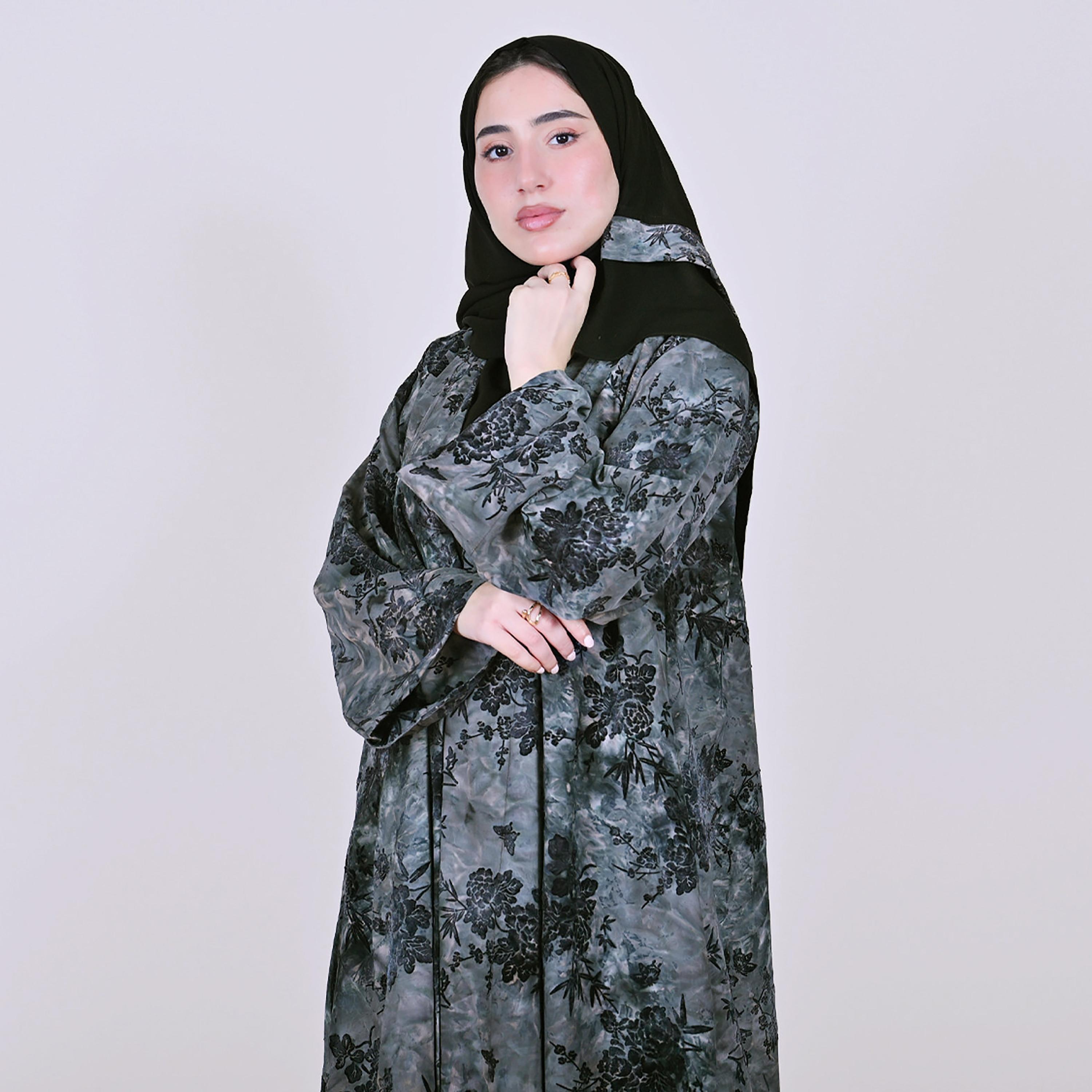 Hawraa Grey Floral Print Wide Sleeves Linen Women's Abaya with Hijab-women-arabicclothing-abayas-image-2