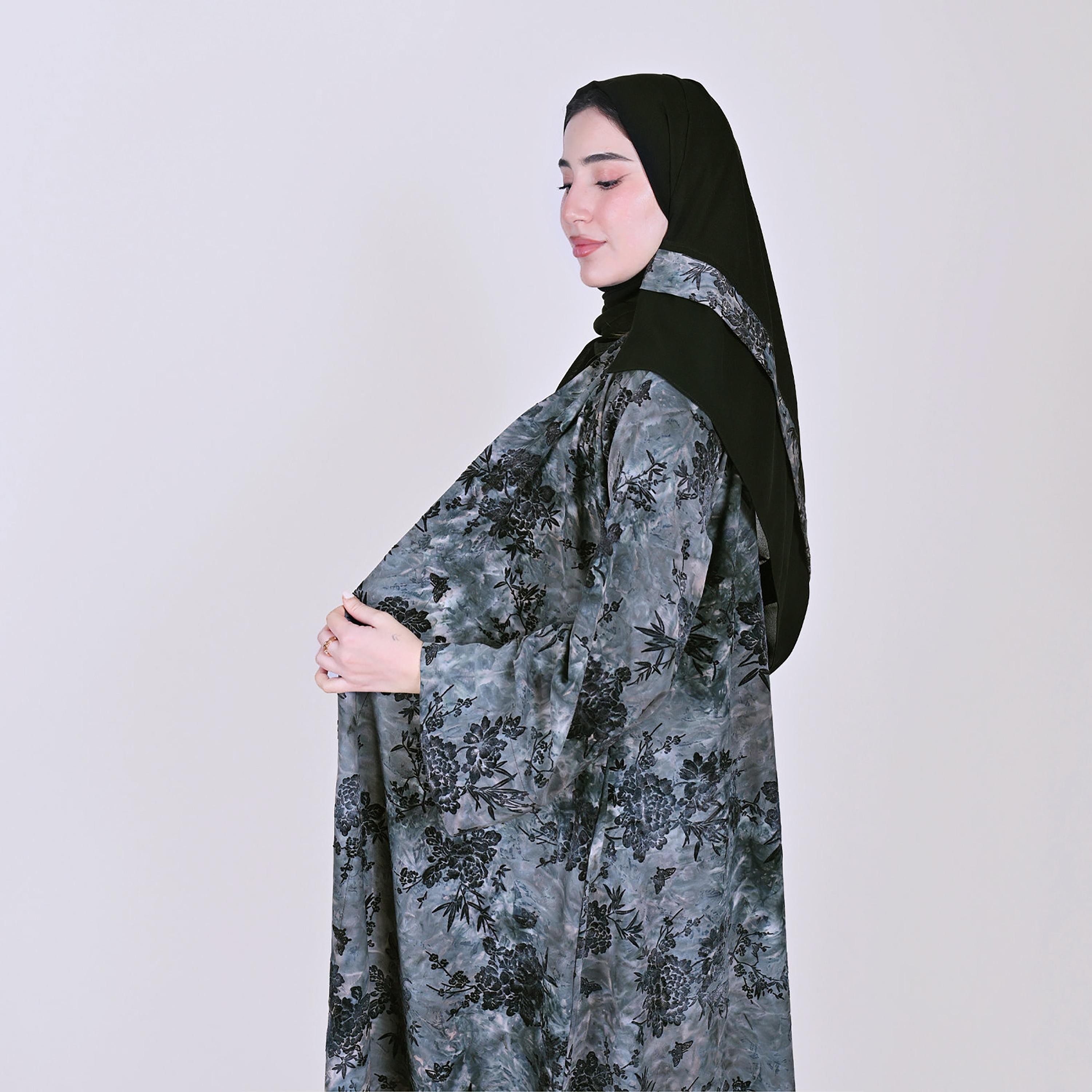 Hawraa Grey Floral Print Wide Sleeves Linen Women's Abaya with Hijab-women-arabicclothing-abayas-image-3