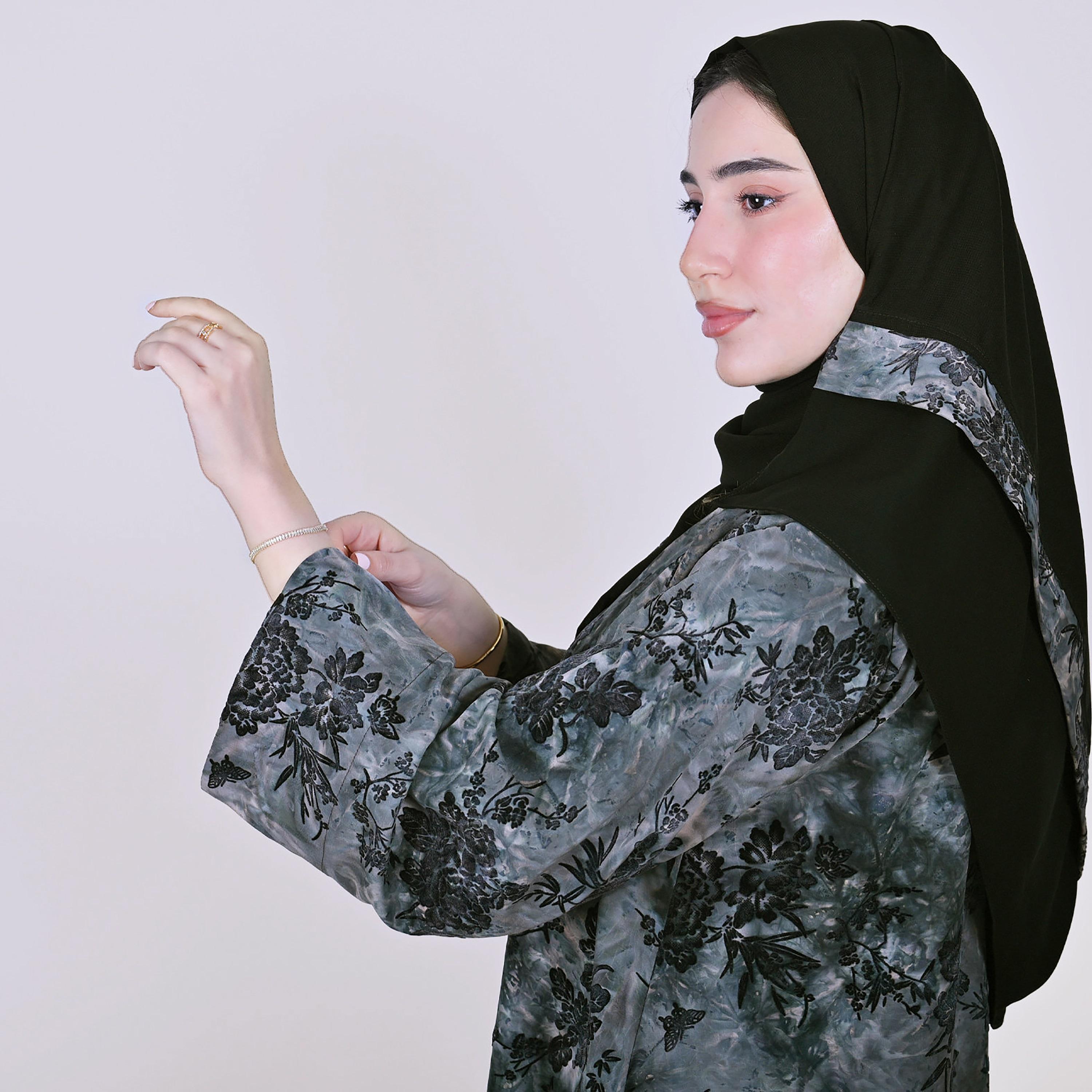 Hawraa Grey Floral Print Wide Sleeves Linen Women's Abaya with Hijab-women-arabicclothing-abayas-image-4