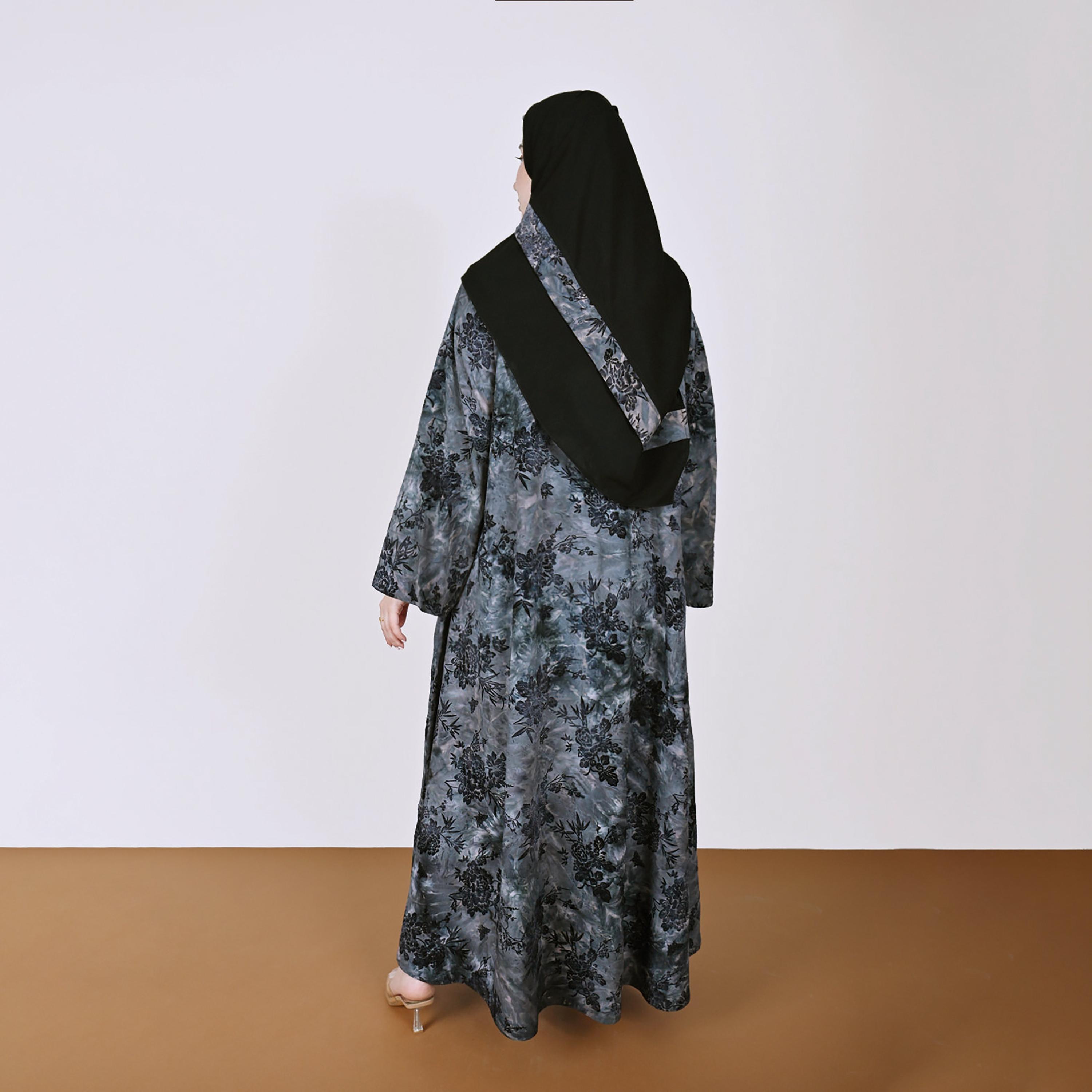 Hawraa Grey Floral Print Wide Sleeves Linen Women's Abaya with Hijab-women-arabicclothing-abayas-image-5
