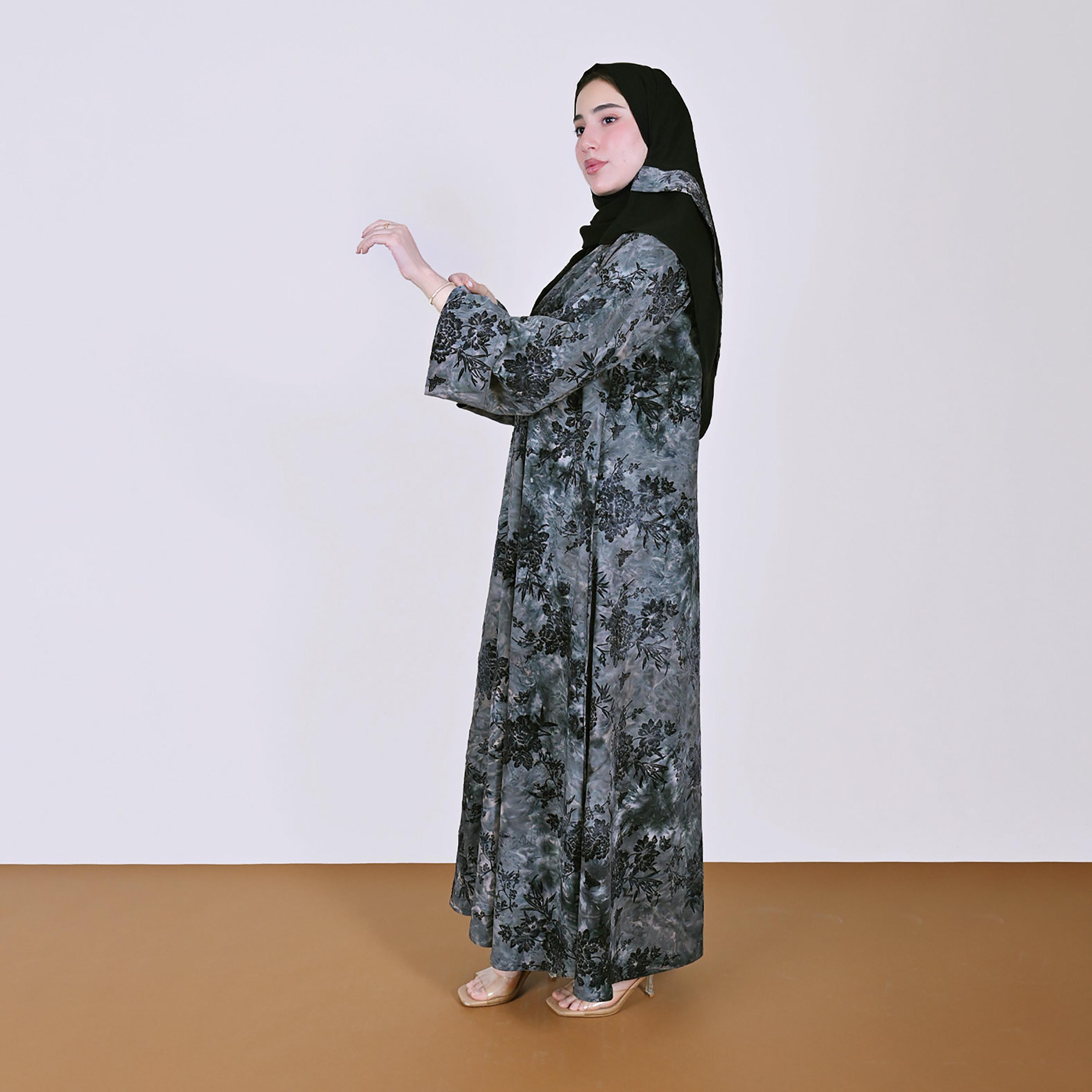 Hawraa Grey Floral Print Wide Sleeves Linen Women's Abaya with Hijab-women-arabicclothing-abayas-image-6