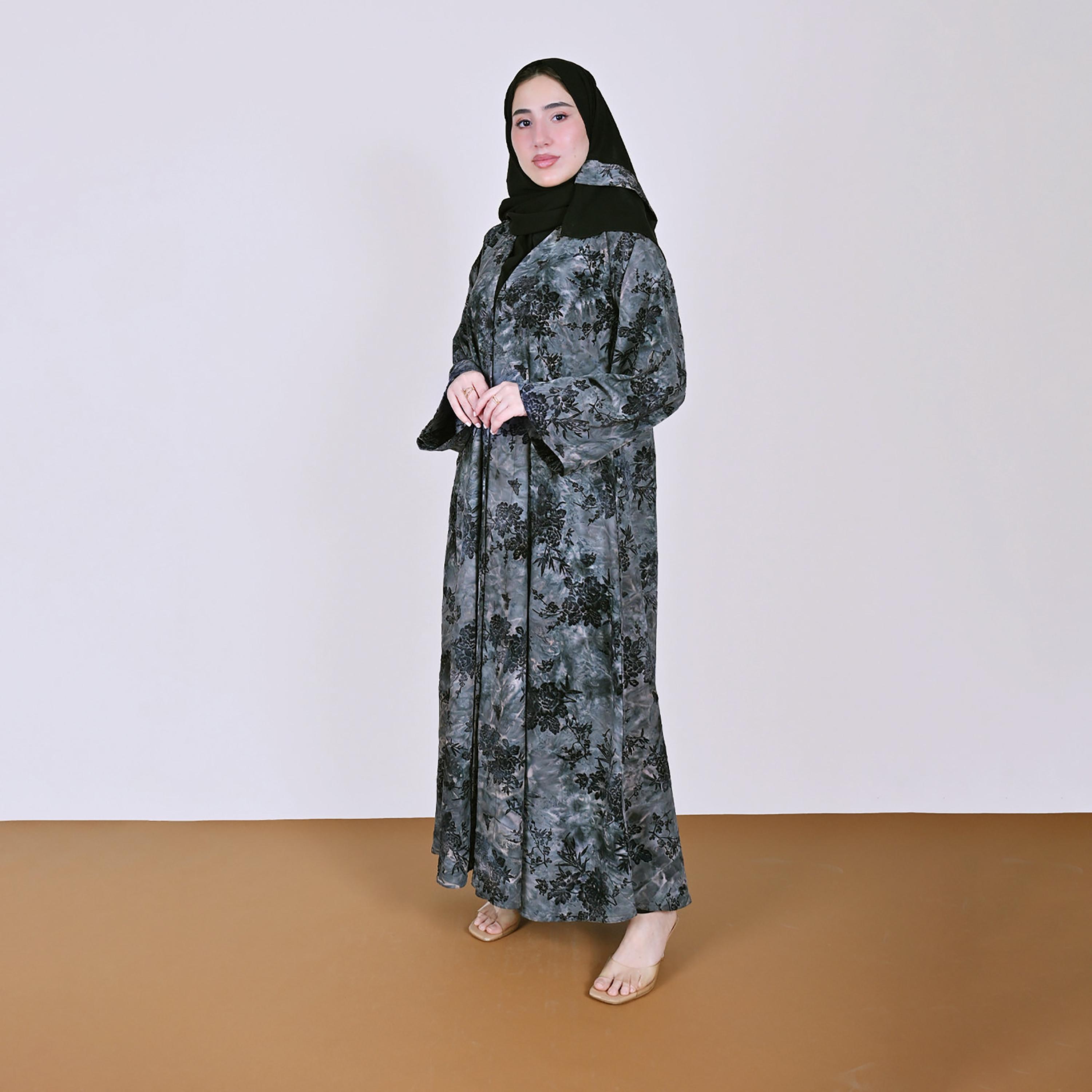 Hawraa Grey Floral Print Wide Sleeves Linen Women's Abaya with Hijab-women-arabicclothing-abayas-image-7