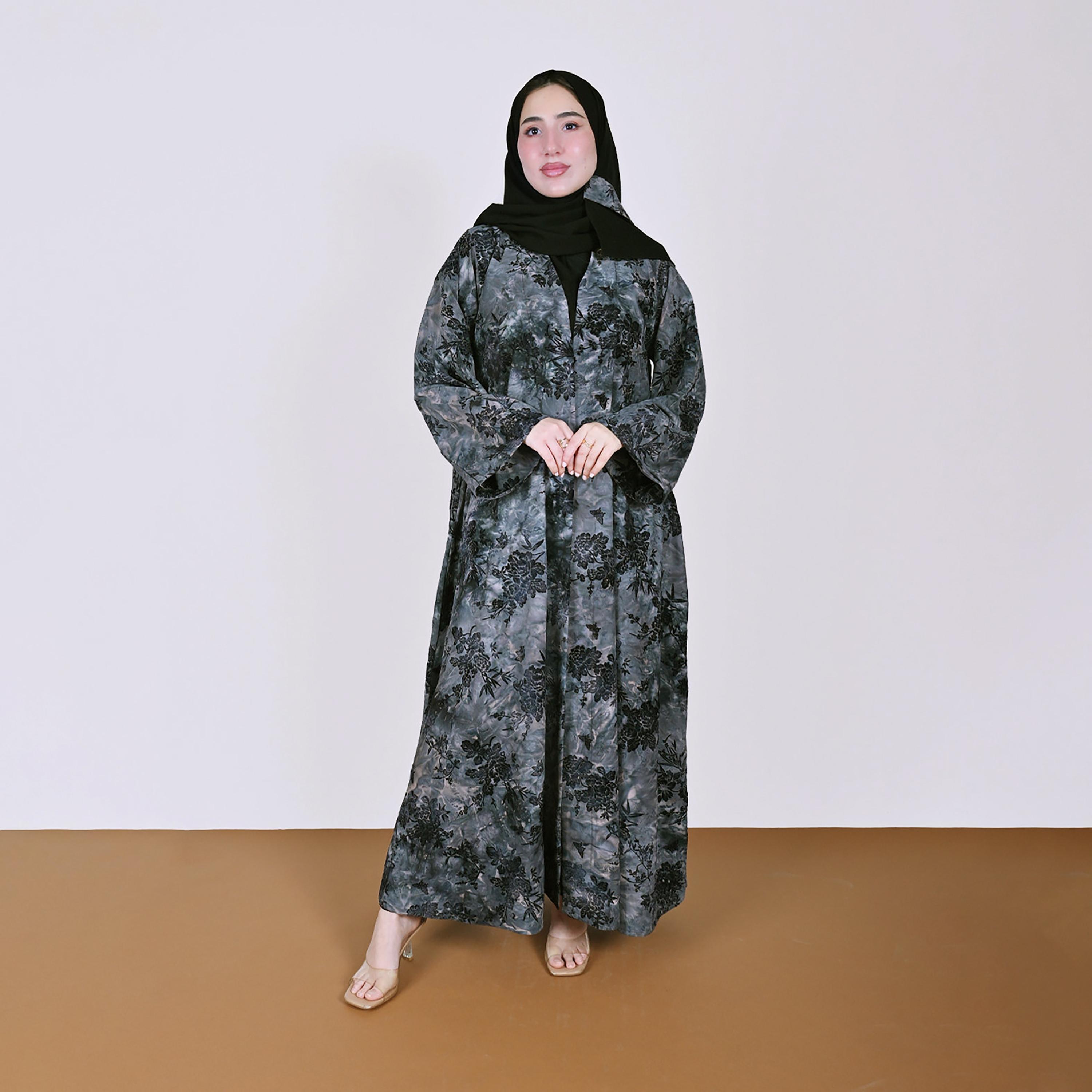Hawraa Grey Floral Print Wide Sleeves Linen Women's Abaya with Hijab-women-arabicclothing-abayas-image-8