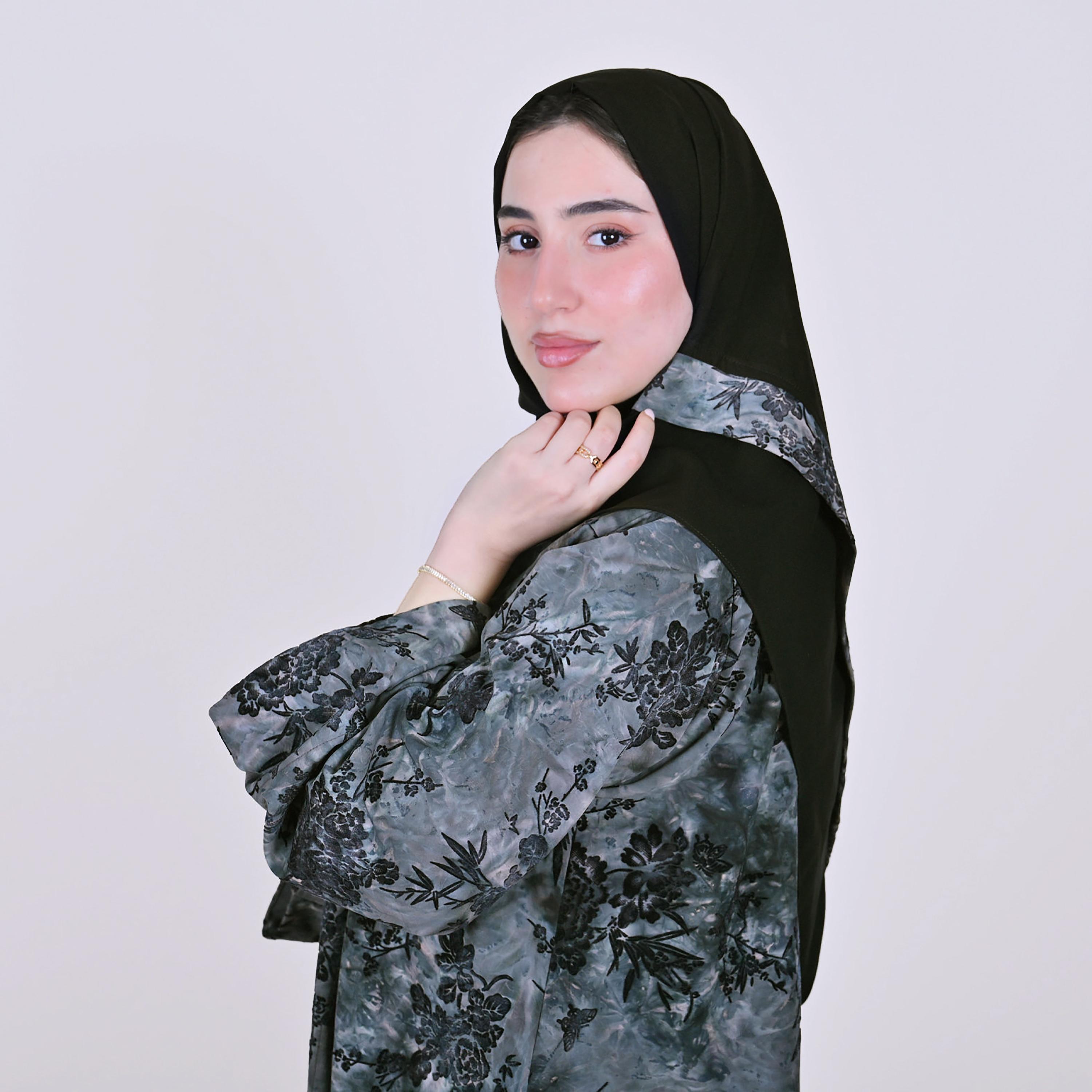 Hawraa Grey Floral Print Wide Sleeves Linen Women's Abaya with Hijab-women-arabicclothing-abayas-image-9
