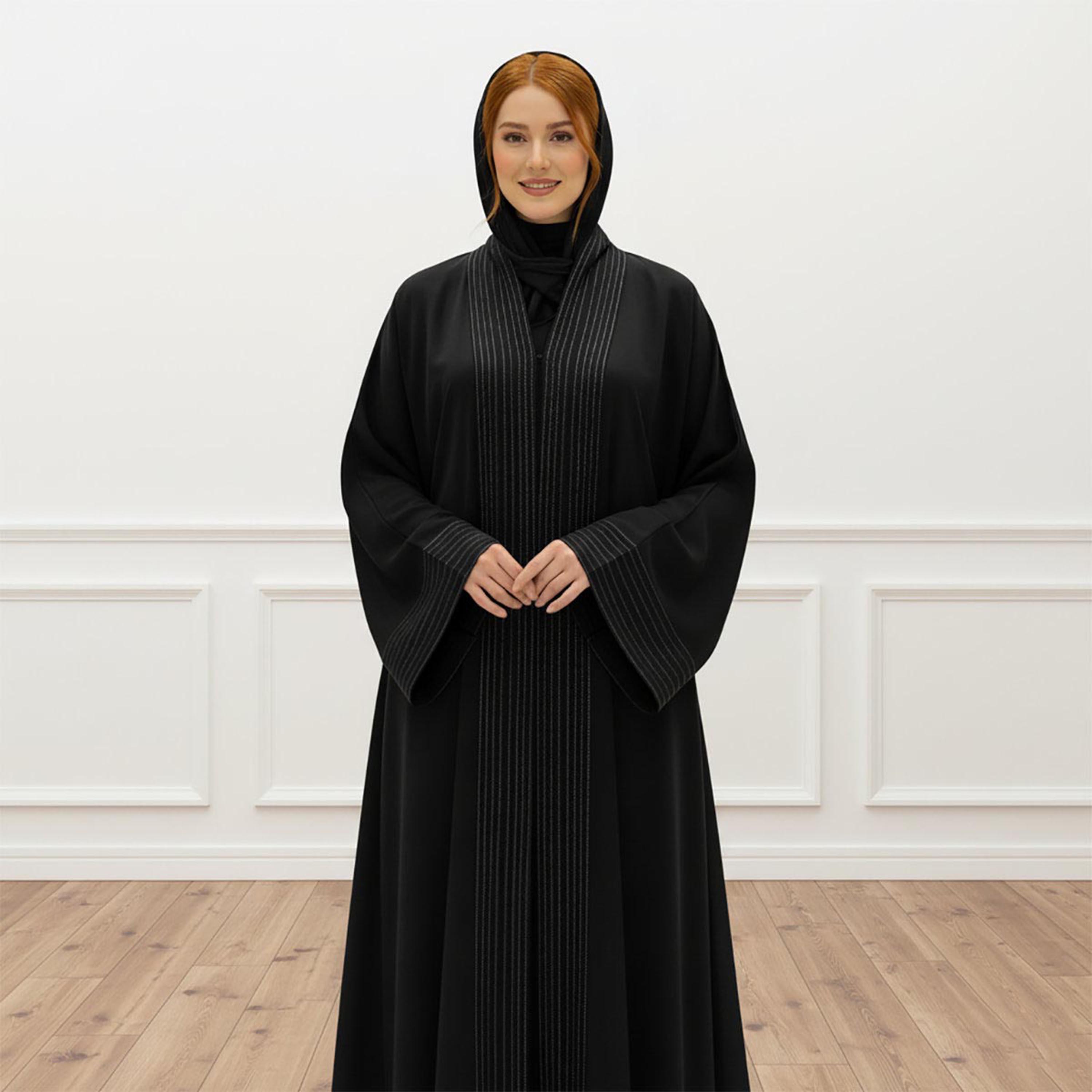 Nukhbaa Black Striped Wide Sleeves Women's Flowy Abaya with Hijab-women-arabicclothing-abayas-image-2