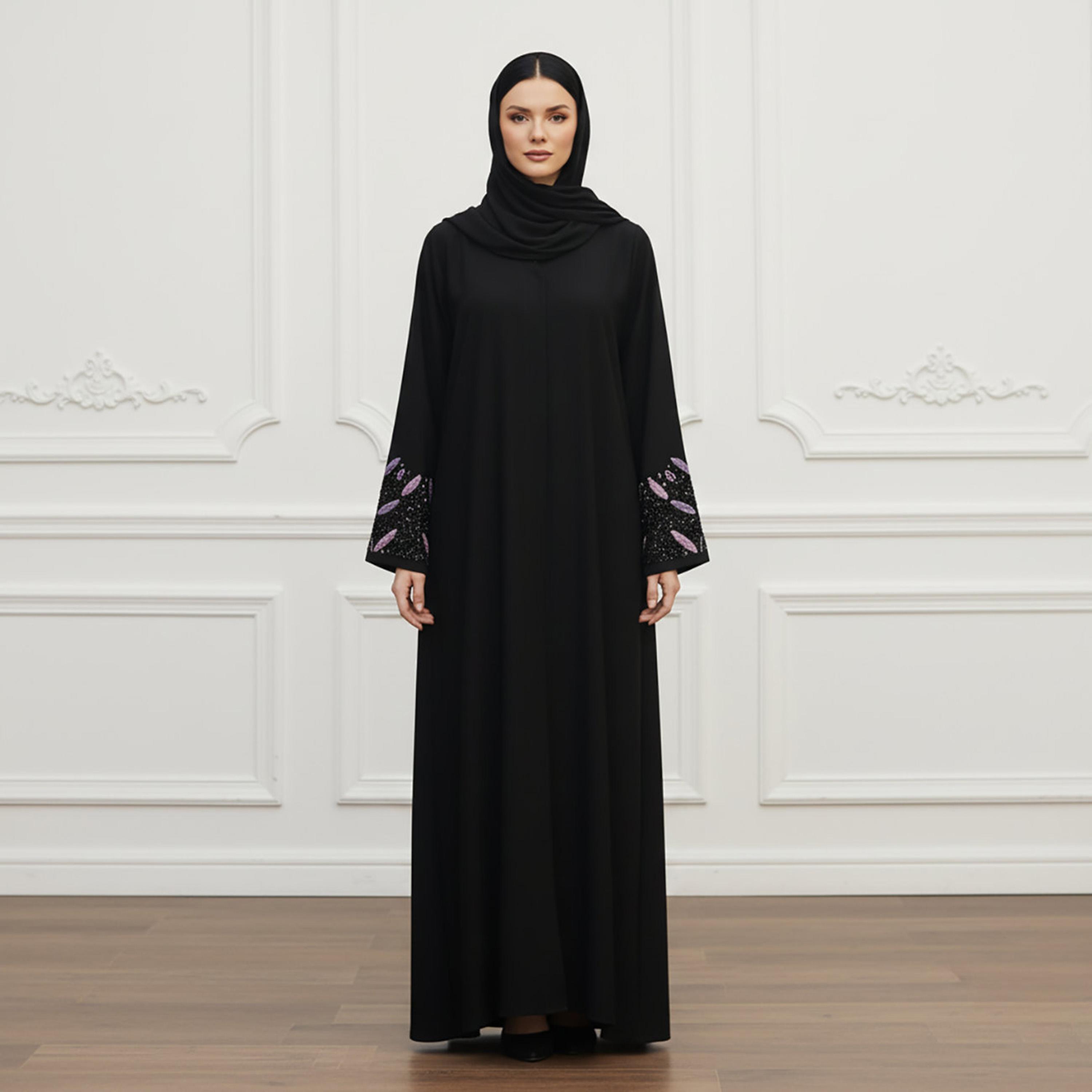 عباءة نسائية "نيدا" سوداء بأكمام مزينة بالخرز مع حجاب من نخبة-women-arabicclothing-abayas-image-1