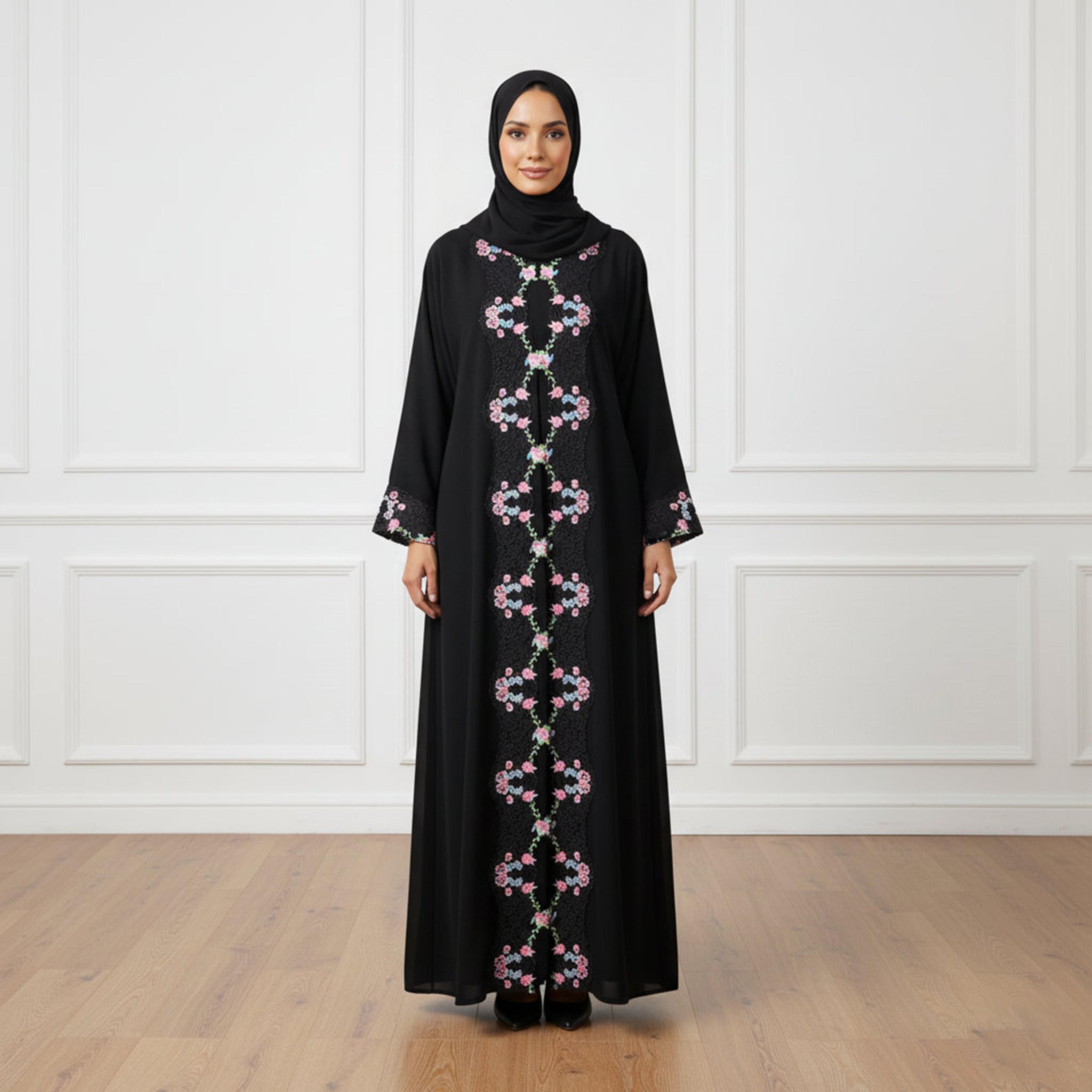 عباءة سهرة نسائية "نيدا" سوداء مطرزة مع حجاب من نخبة-women-arabicclothing-abayas-image-1
