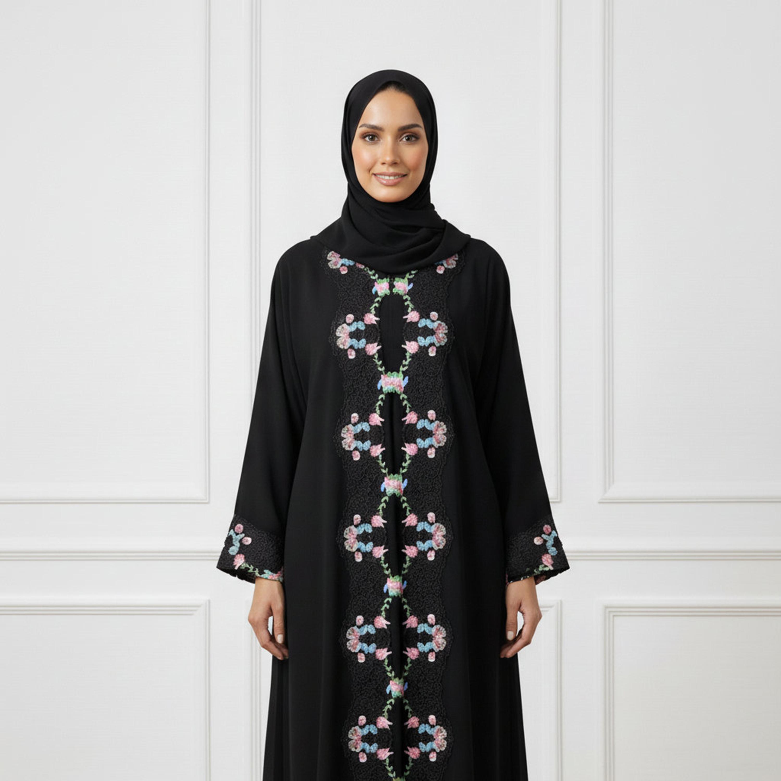 عباءة سهرة نسائية "نيدا" سوداء مطرزة مع حجاب من نخبة-women-arabicclothing-abayas-image-2