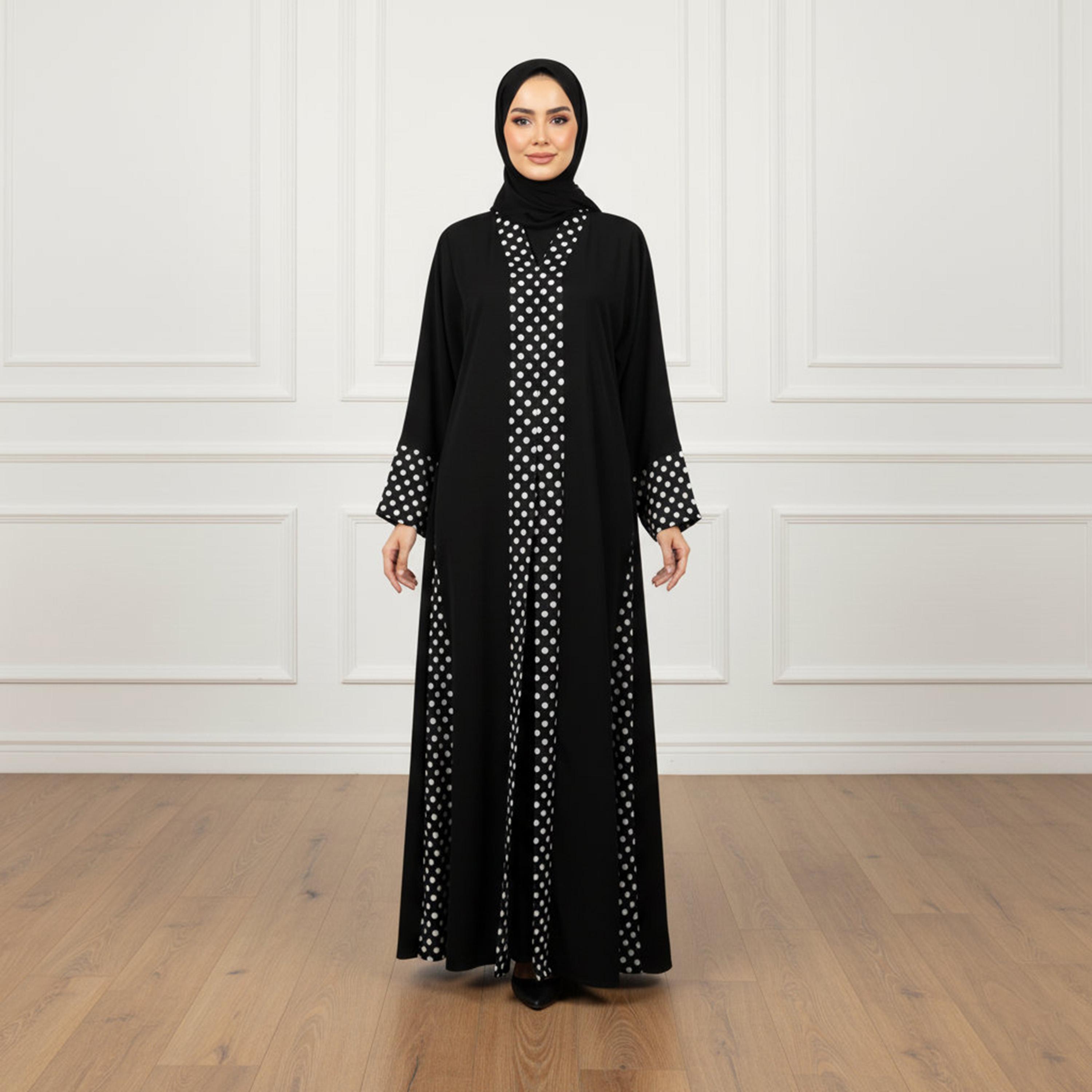 عباءة "كلوش" نسائية "نيدا" سوداء بحواف "بولكا دوت" منقطة مع حجاب من نخبة-women-arabicclothing-abayas-image-1