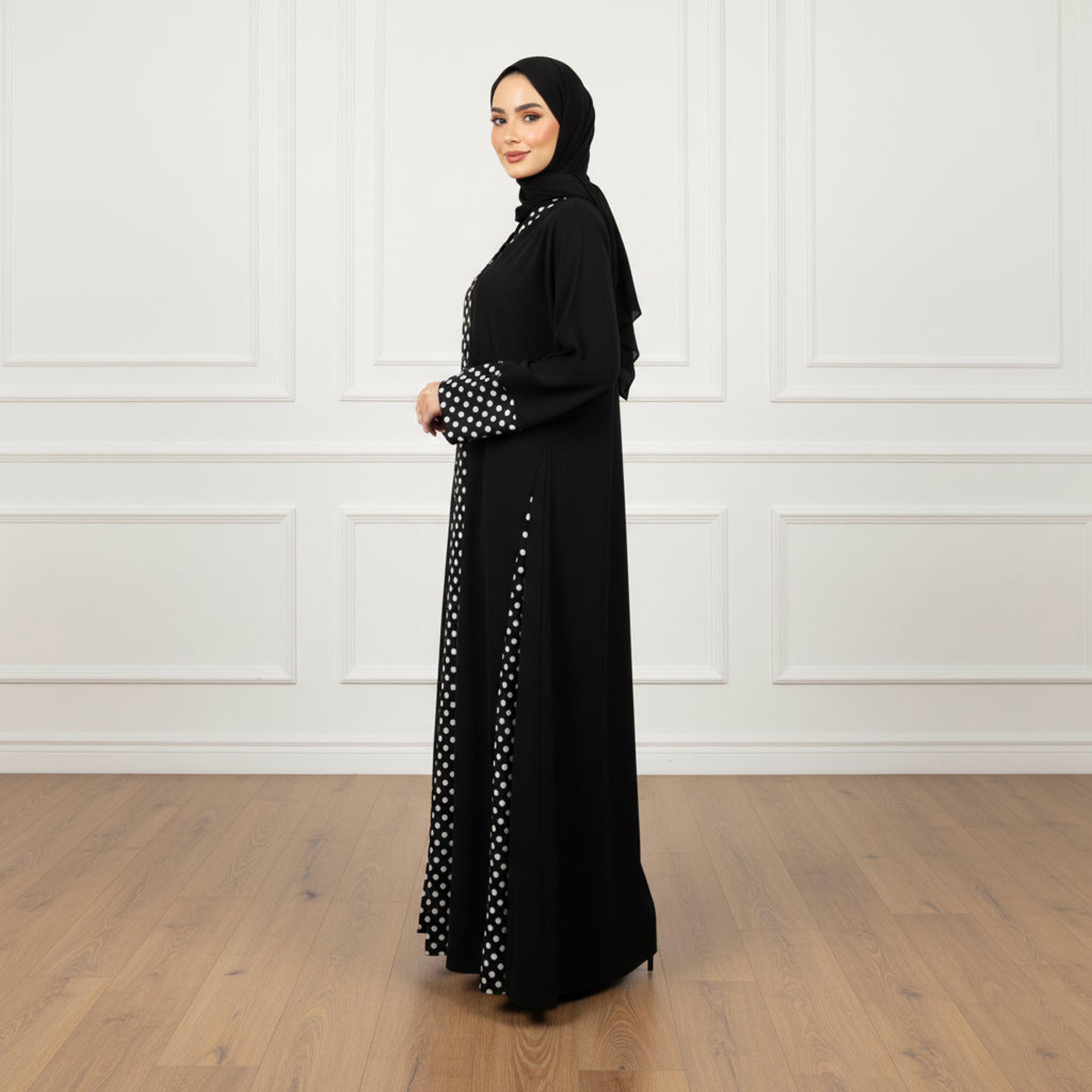 عباءة "كلوش" نسائية "نيدا" سوداء بحواف "بولكا دوت" منقطة مع حجاب من نخبة-women-arabicclothing-abayas-image-2