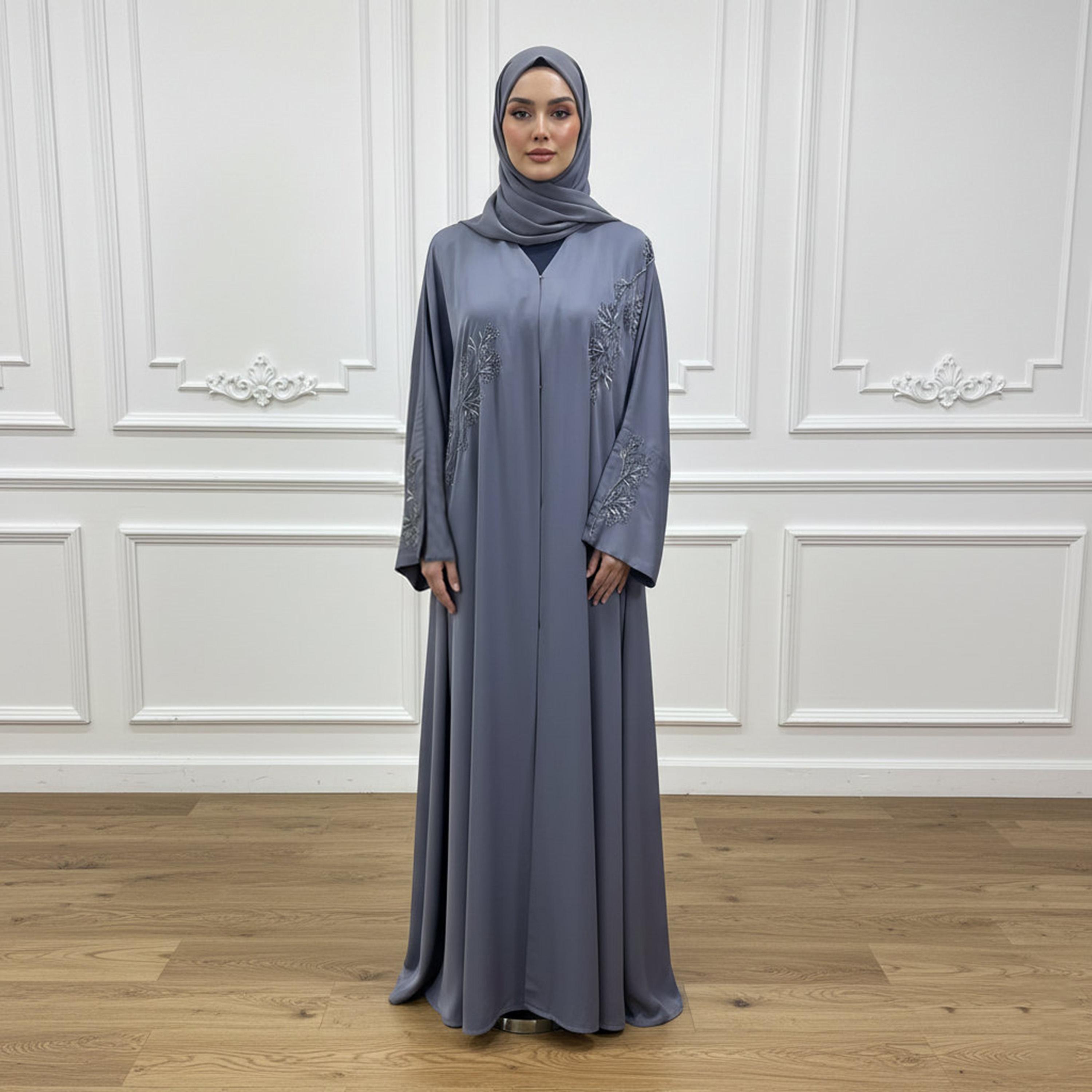 Nukhbaa Embroidered Flared Sleeves Nida Women's Abaya with Hijab-women-arabicclothing-abayas-image-1
