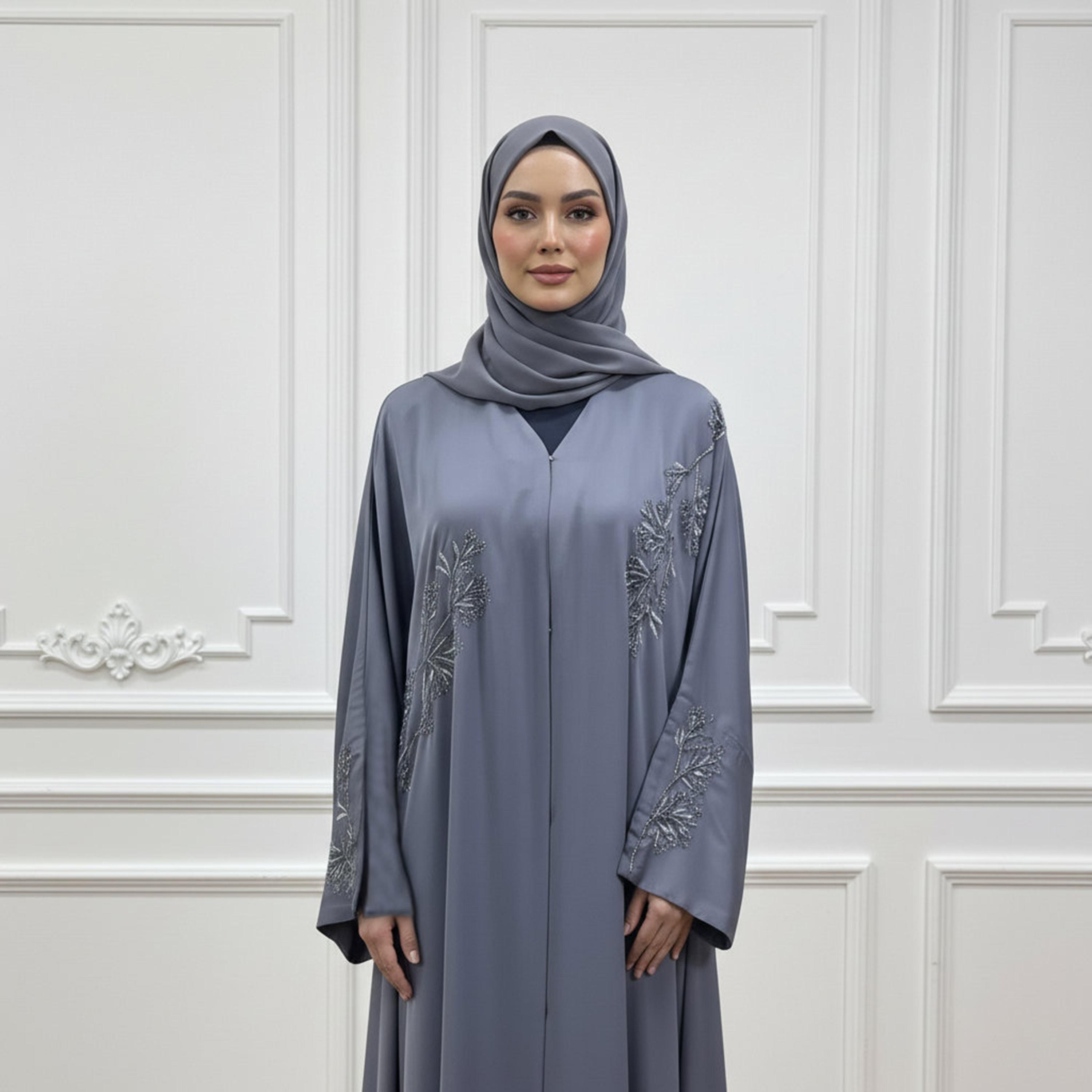Nukhbaa Embroidered Flared Sleeves Nida Women's Abaya with Hijab-women-arabicclothing-abayas-image-2