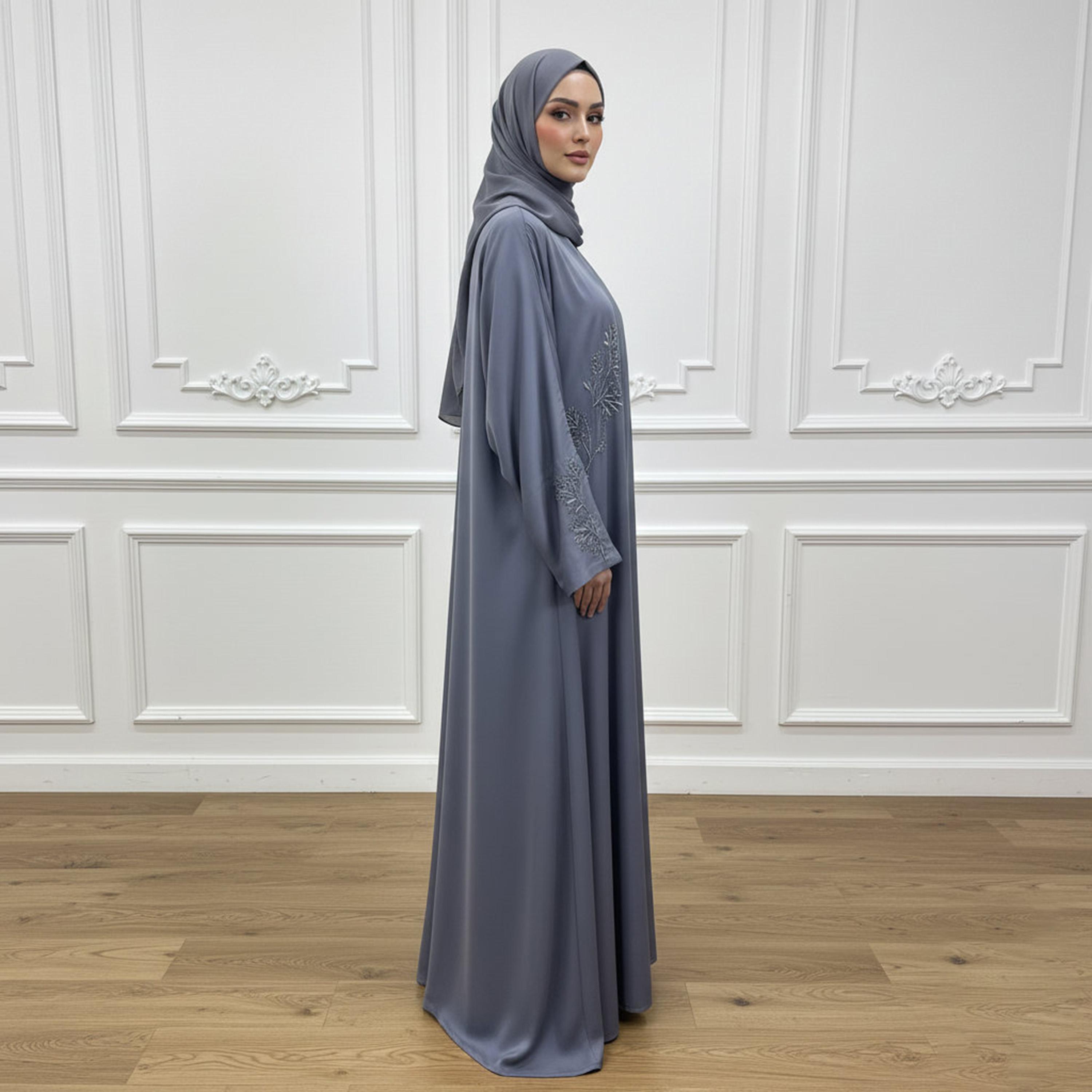 Nukhbaa Embroidered Flared Sleeves Nida Women's Abaya with Hijab-women-arabicclothing-abayas-image-3