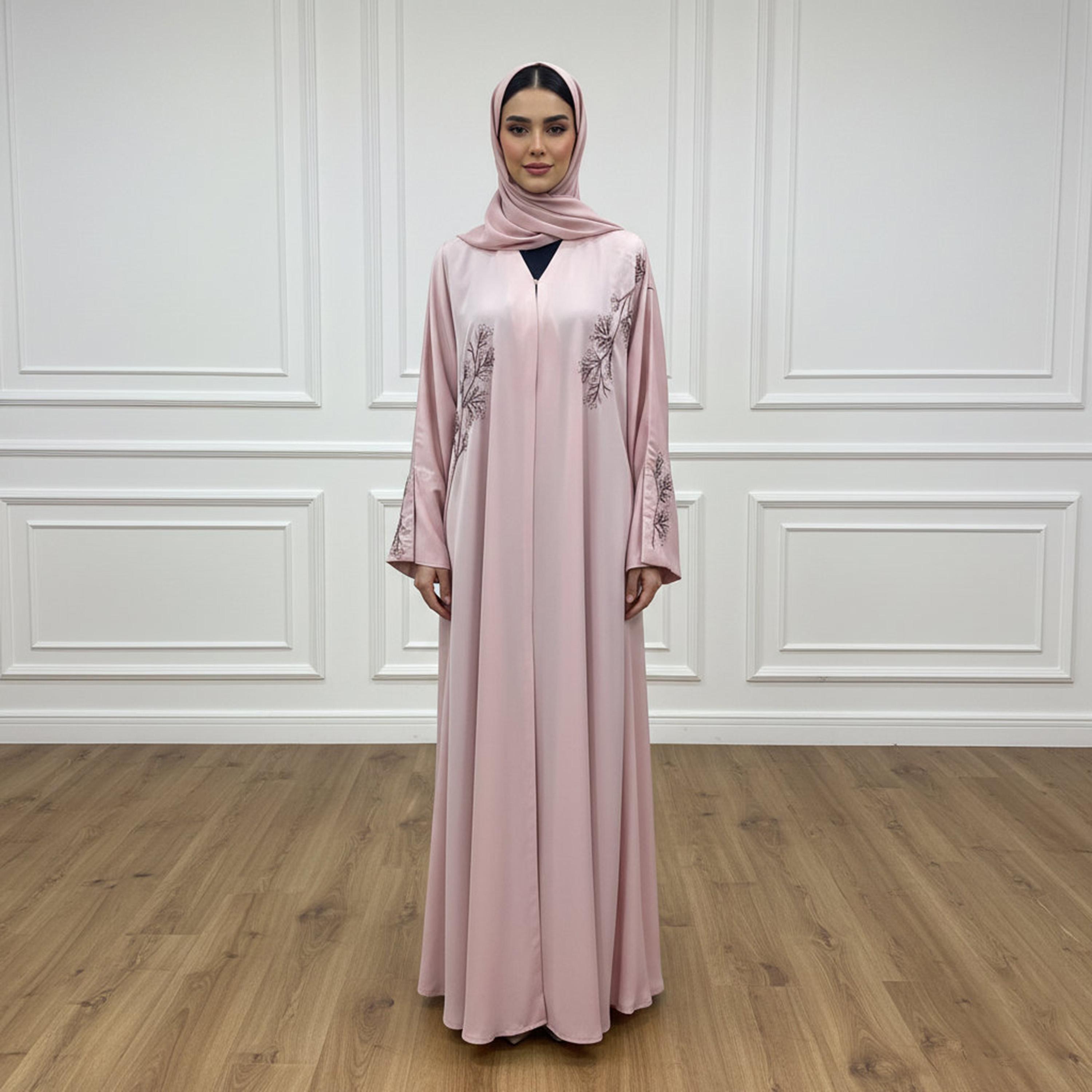 Nukhbaa Embroidered Flared Sleeves Nida Women's Abaya with Hijab-women-arabicclothing-abayas-image-1