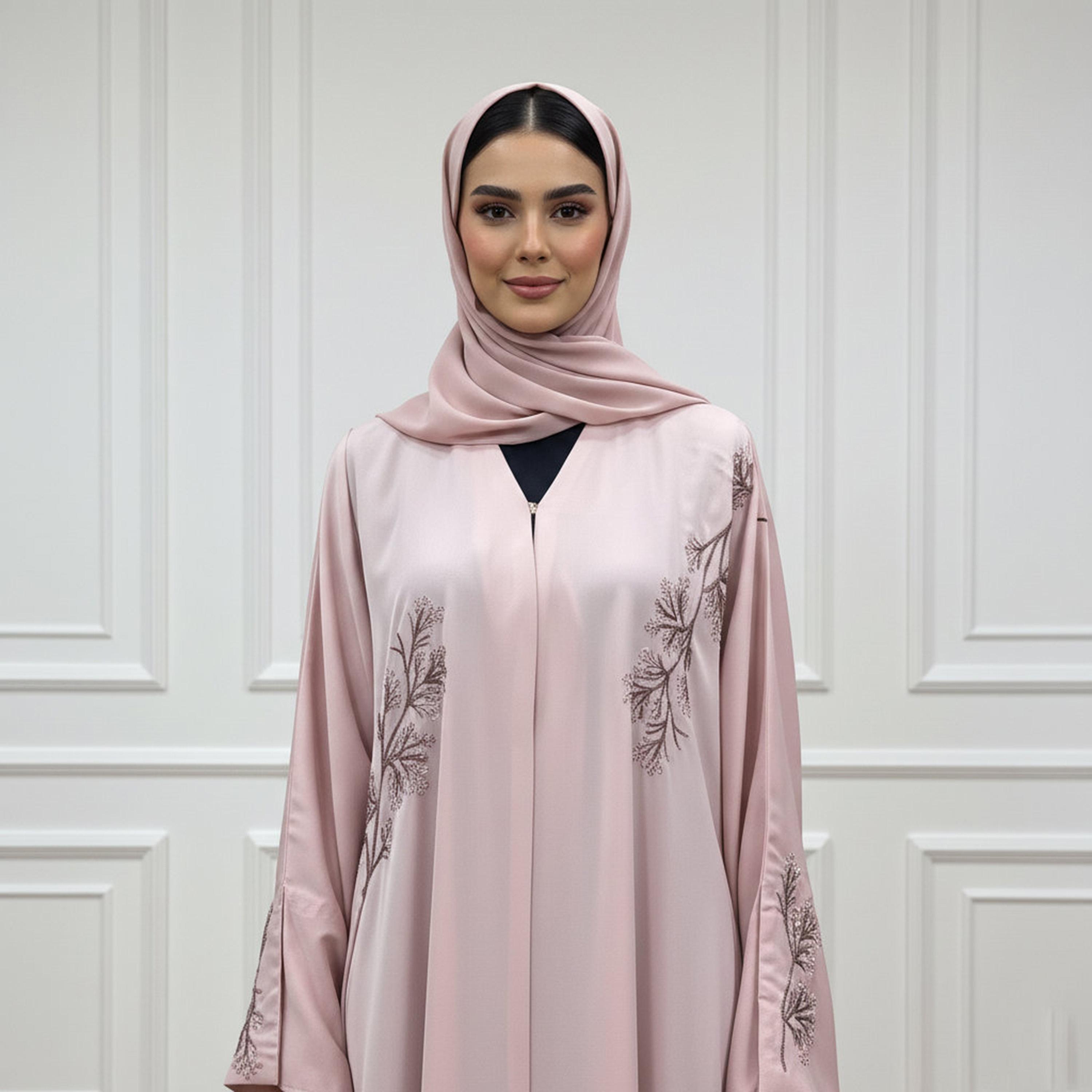 Nukhbaa Embroidered Flared Sleeves Nida Women's Abaya with Hijab-women-arabicclothing-abayas-image-2