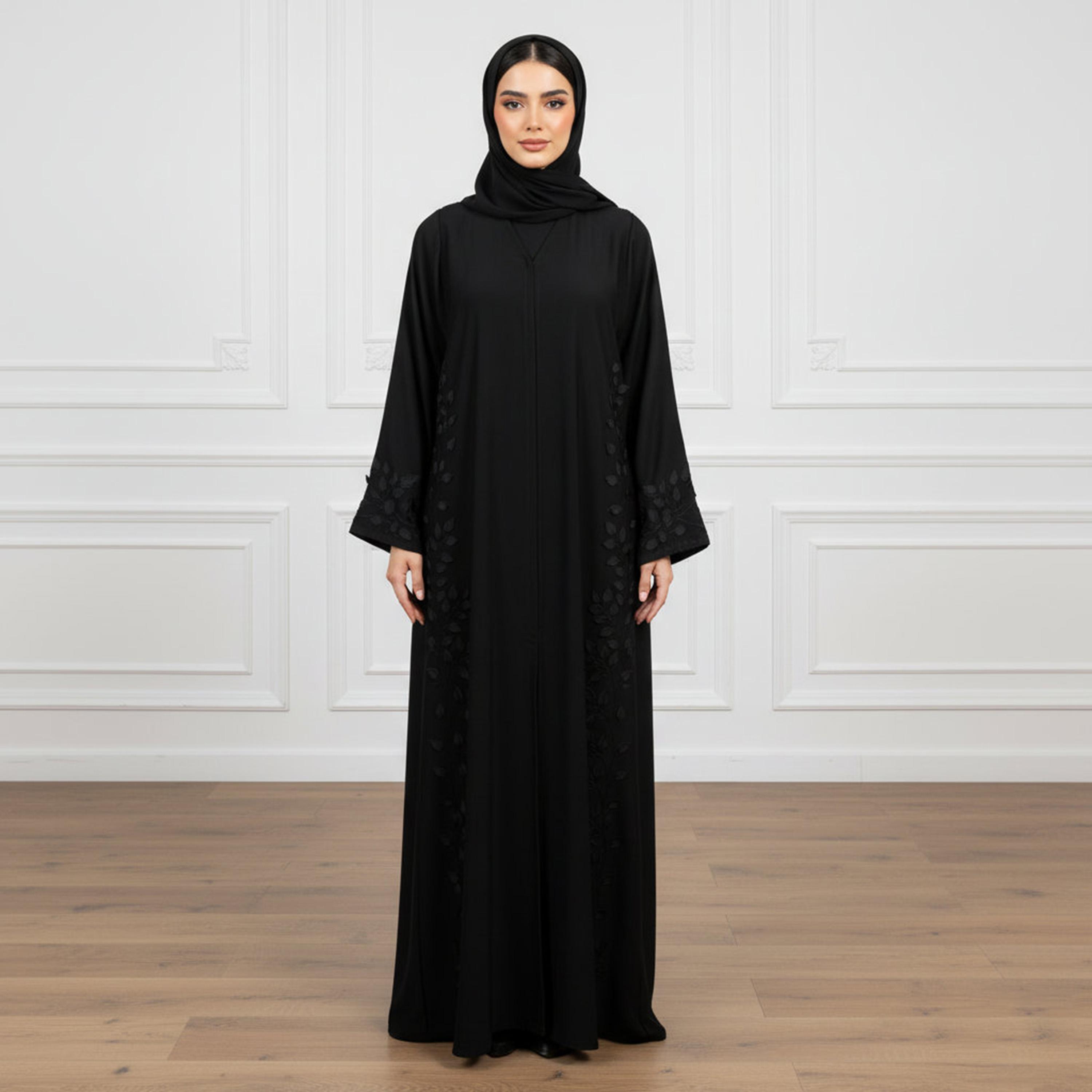 Nukhbaa Black Subtle Leaf Wide Sleeves Nida Women's Abaya with Hijab-women-arabicclothing-prayerclothing-image-1