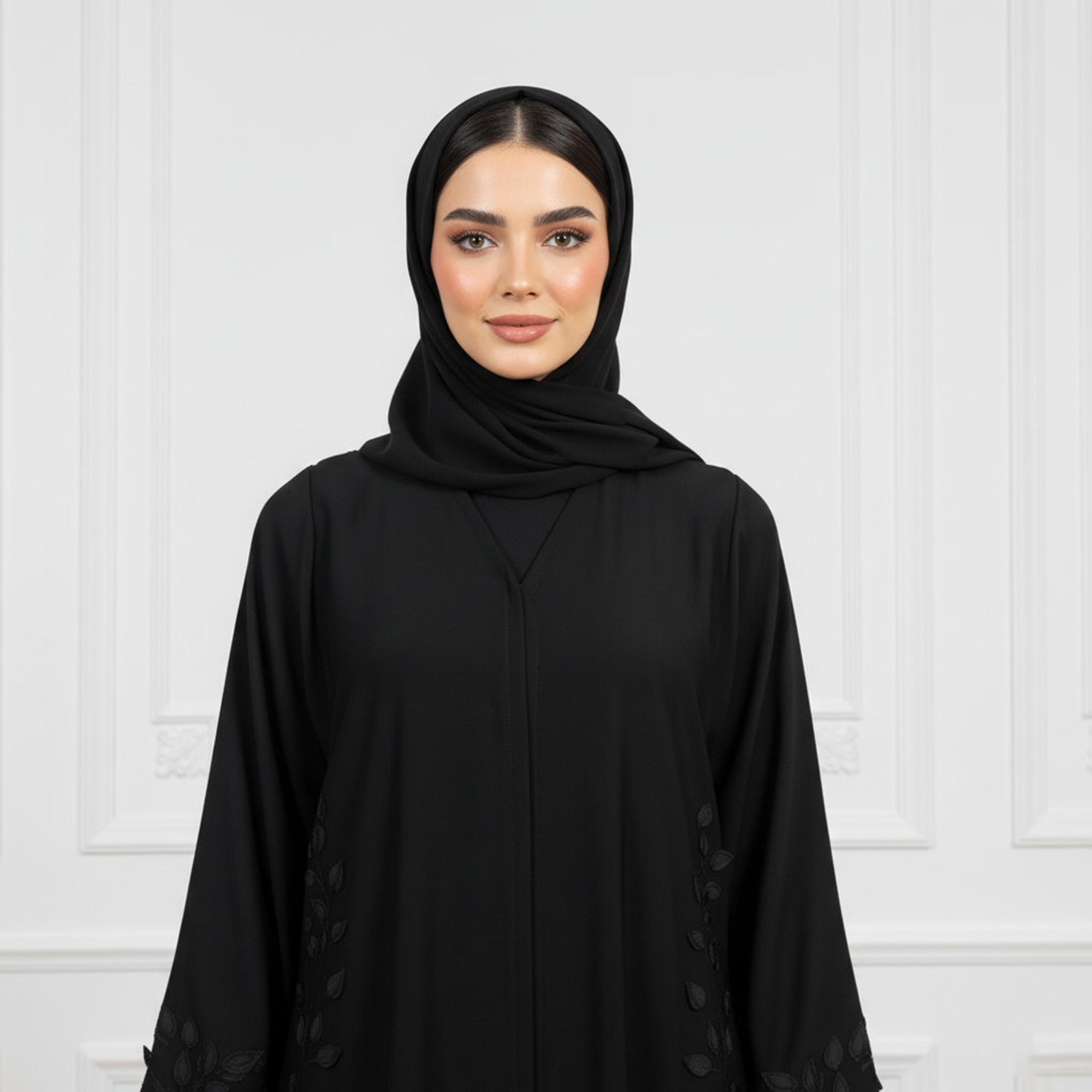 Nukhbaa Black Subtle Leaf Wide Sleeves Nida Women's Abaya with Hijab-women-arabicclothing-prayerclothing-image-2