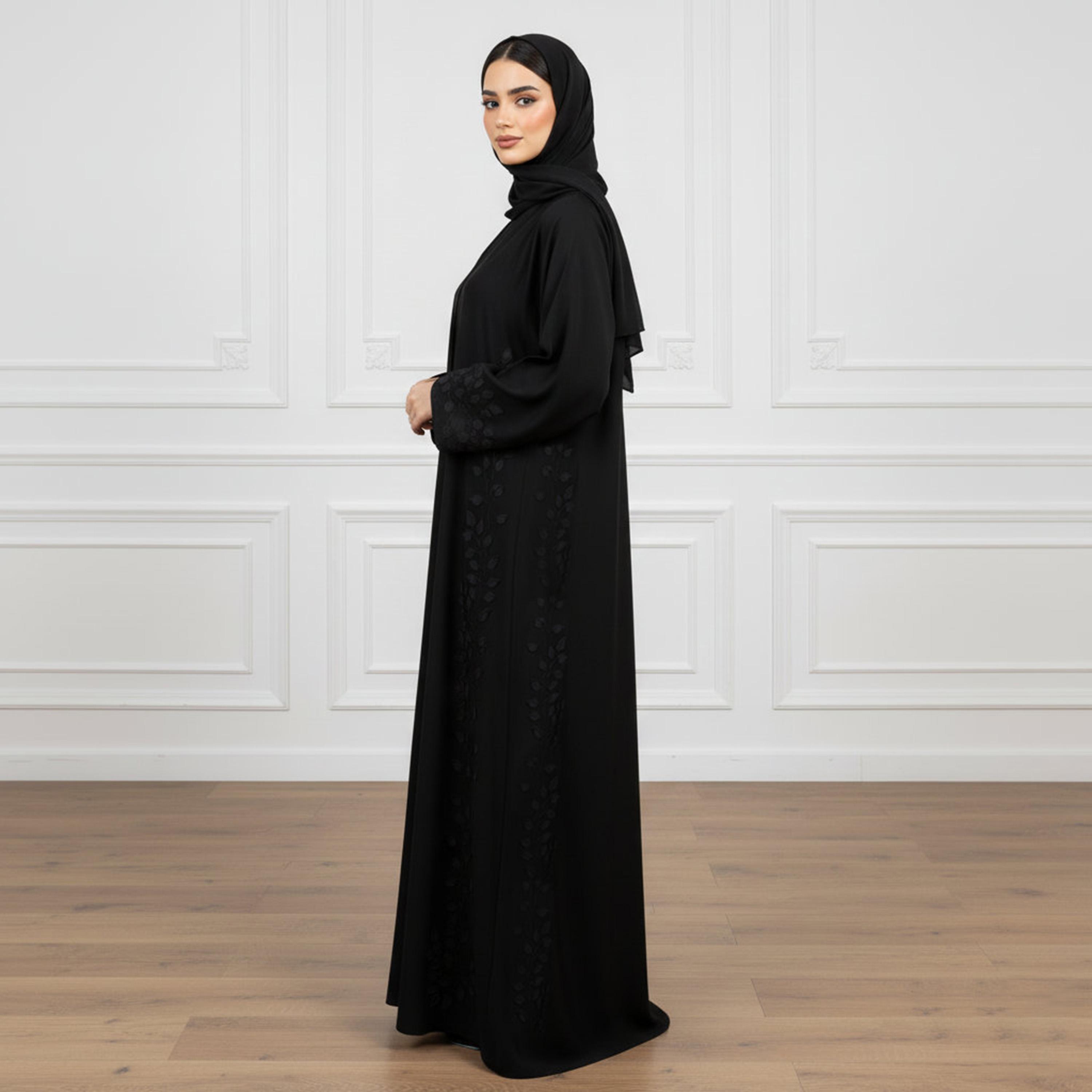 Nukhbaa Black Subtle Leaf Wide Sleeves Nida Women's Abaya with Hijab-women-arabicclothing-prayerclothing-image-3