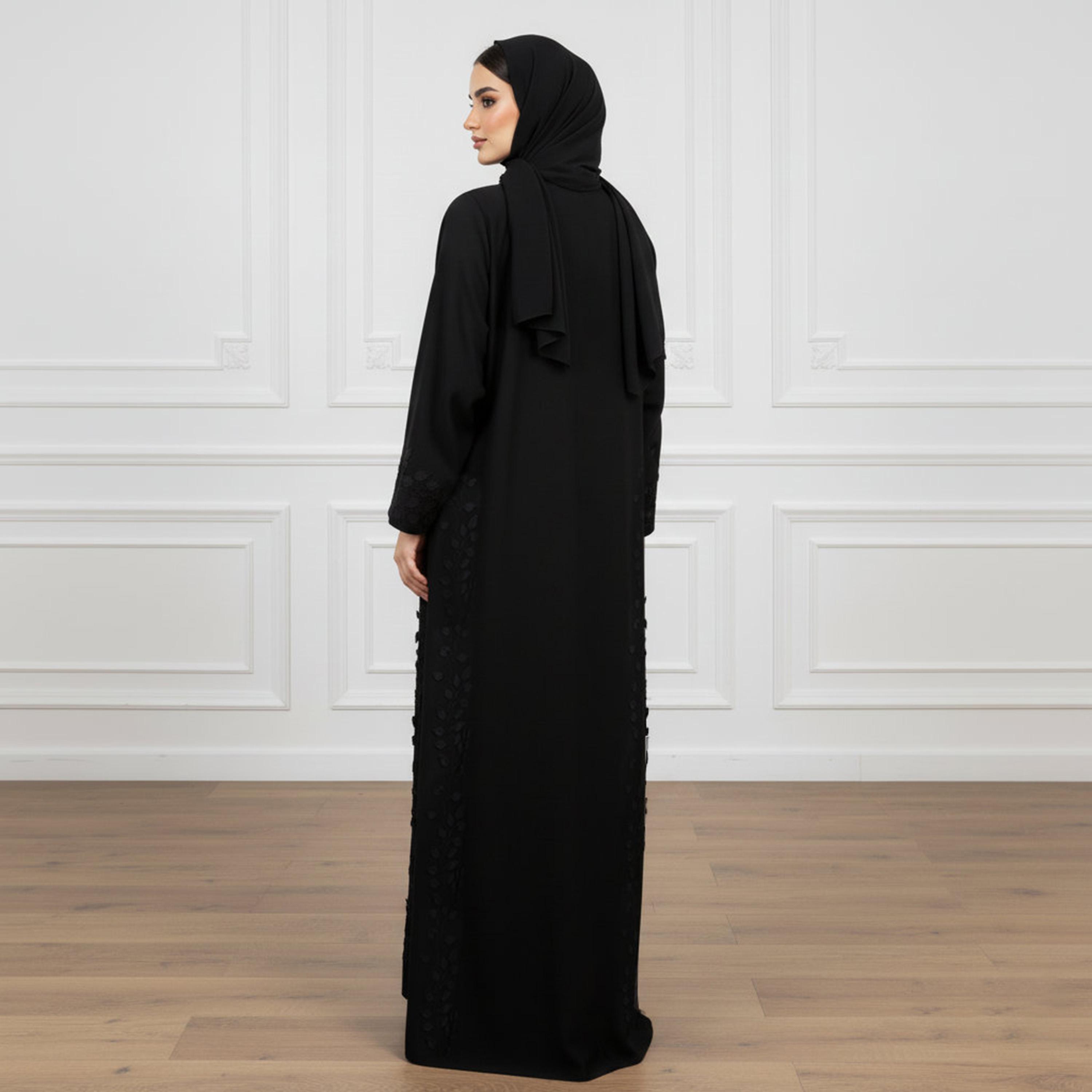Nukhbaa Black Subtle Leaf Wide Sleeves Nida Women's Abaya with Hijab-women-arabicclothing-prayerclothing-image-4