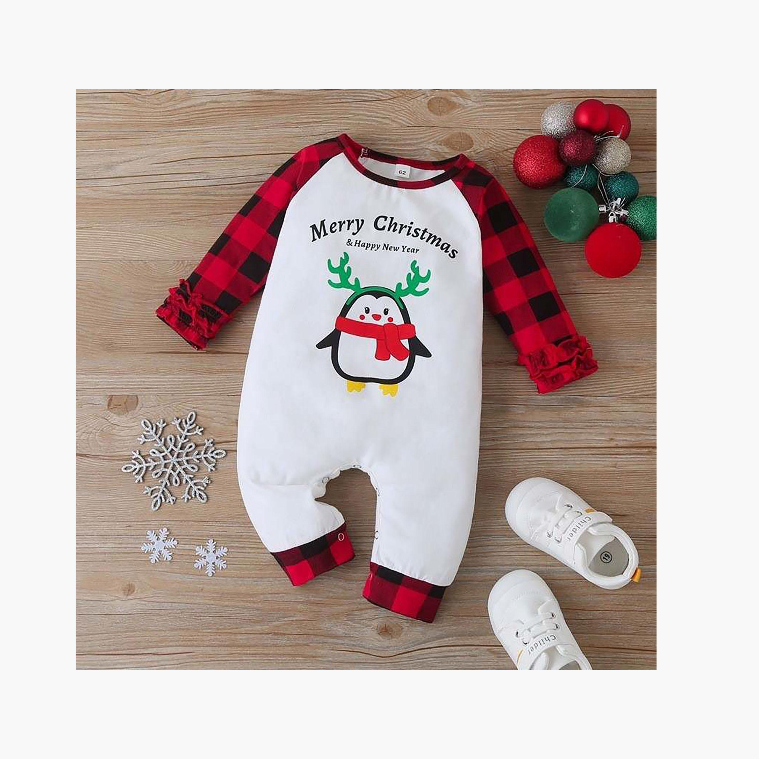 Babyqlo Kid's Festive Cheer Merry Christmas Printed Romper with Checkered Sleeves-baby-girls-clothing-rompers-image-1