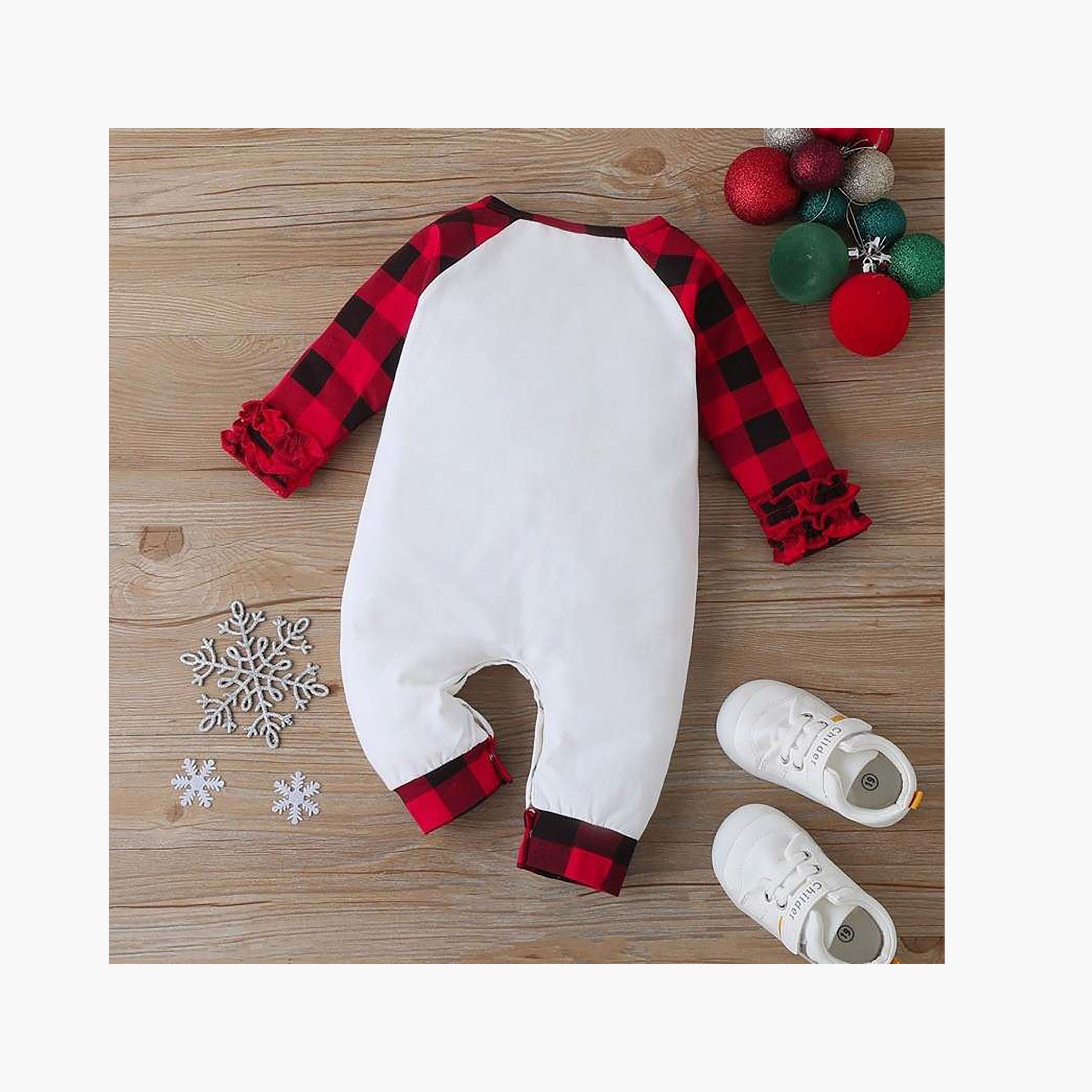 Babyqlo Kid's Festive Cheer Merry Christmas Printed Romper with Checkered Sleeves-baby-girls-clothing-rompers-image-2