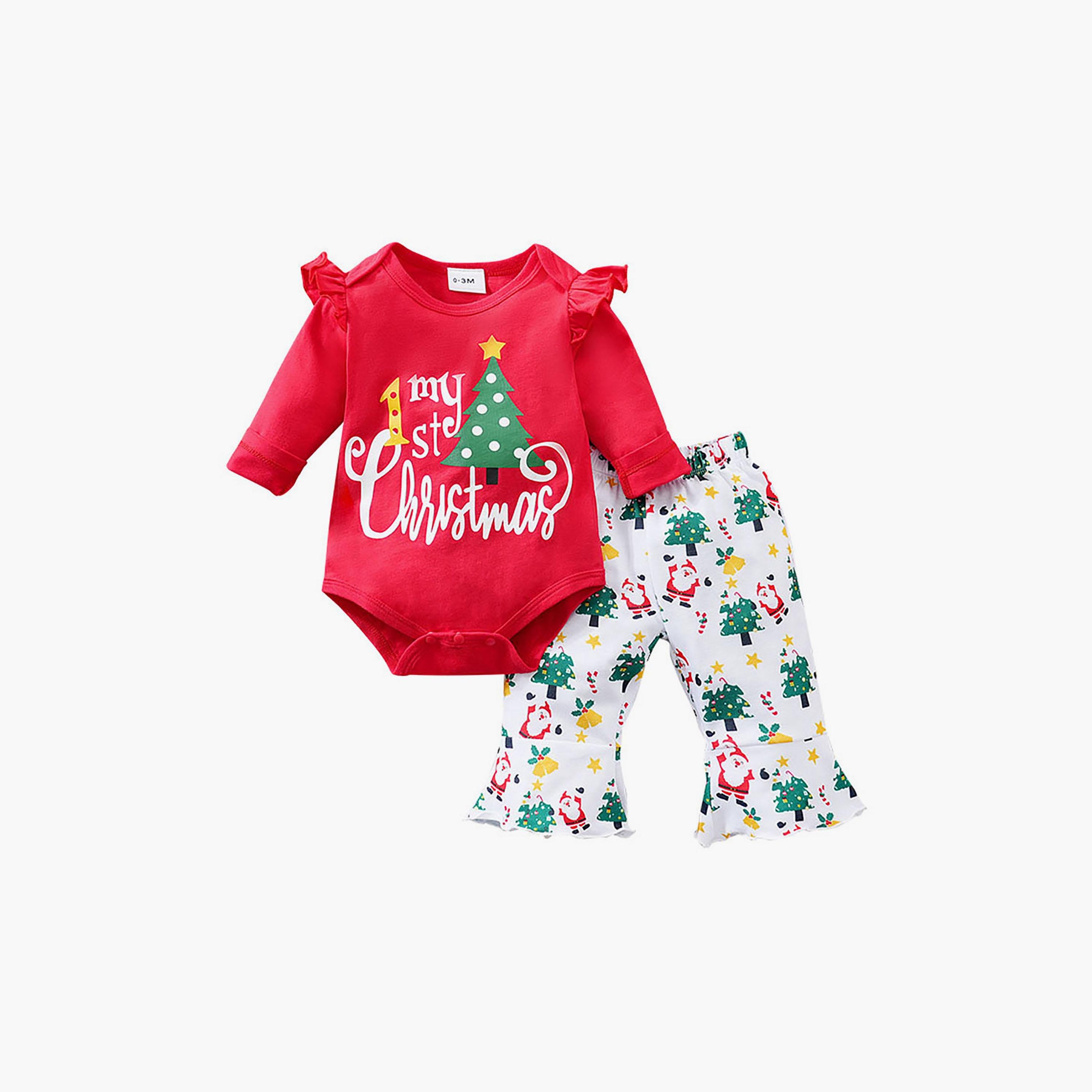 Babyqlo 2-Piece My First Christmas Printed Top with Allover Printed Pant Set-baby-girls-clothing-setsandcoords-image-1