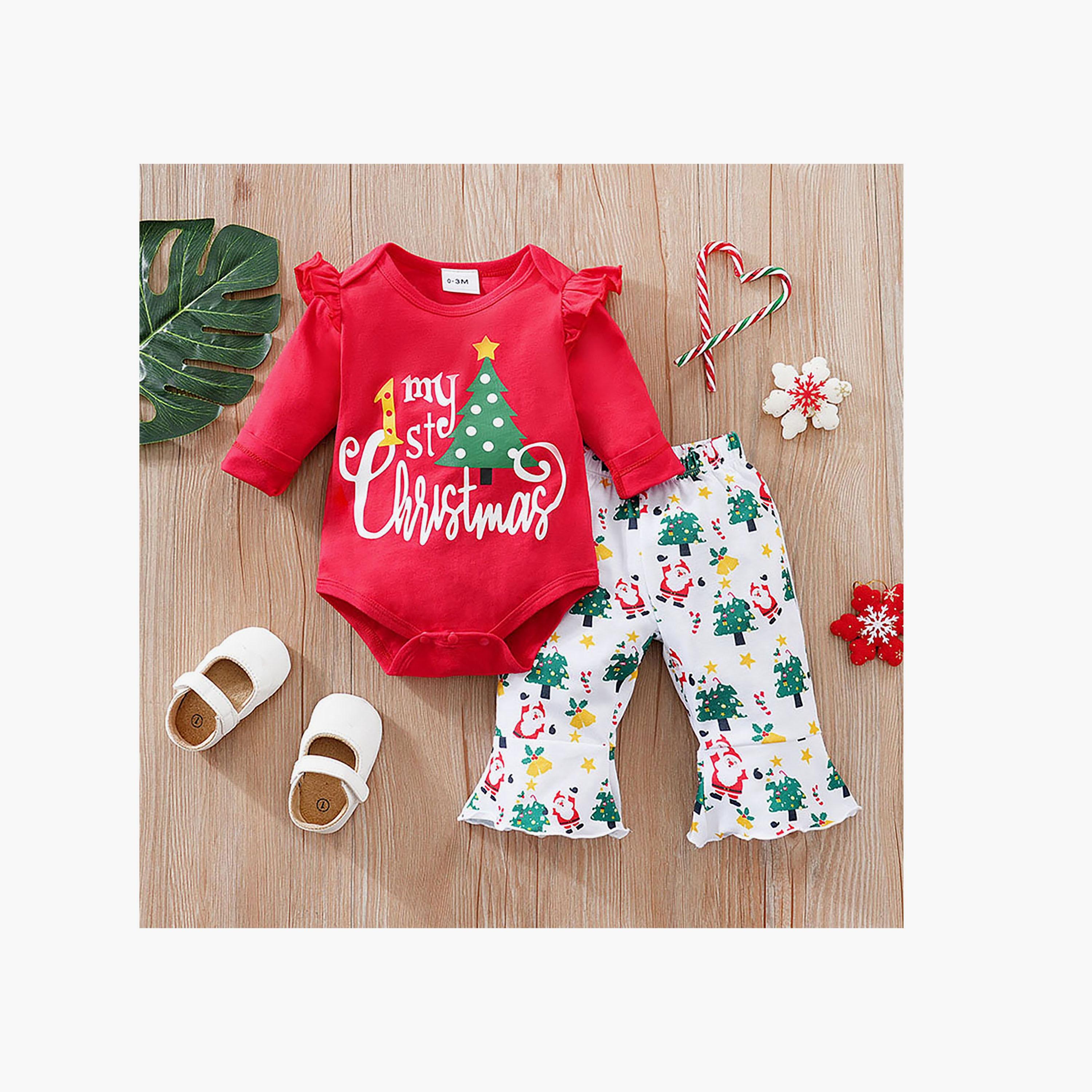 Babyqlo 2-Piece My First Christmas Printed Top with Allover Printed Pant Set-baby-girls-clothing-setsandcoords-image-2