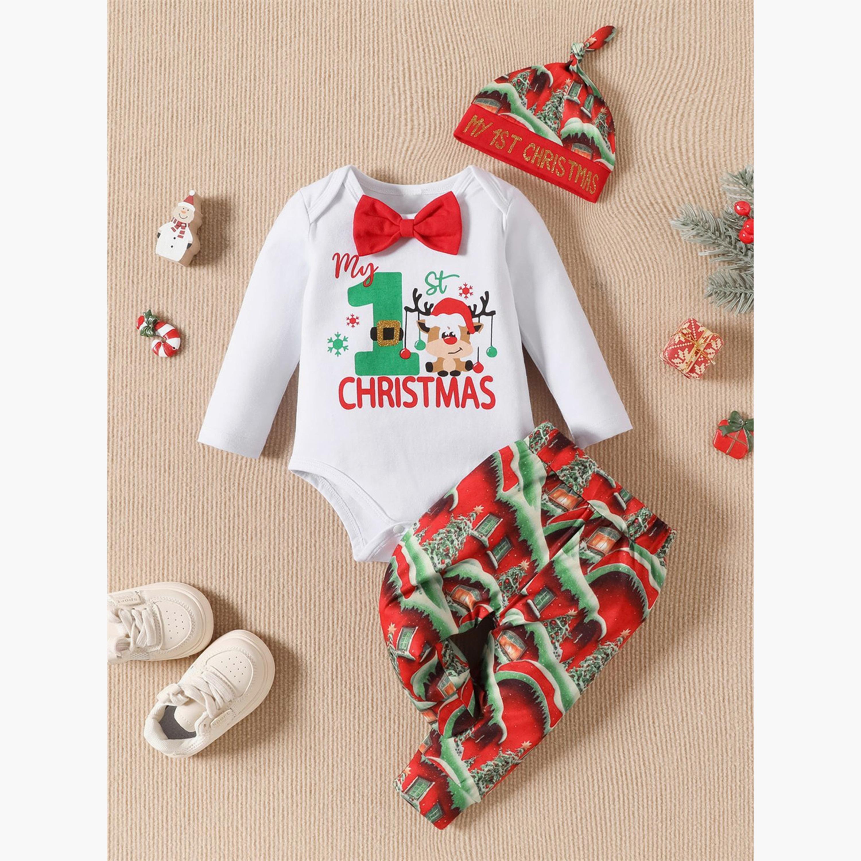Babyqlo 3-Piece Kid's My First Christmas Bodysuit with Hat and Pant Set-baby-girls-clothing-setsandcoords-image-1